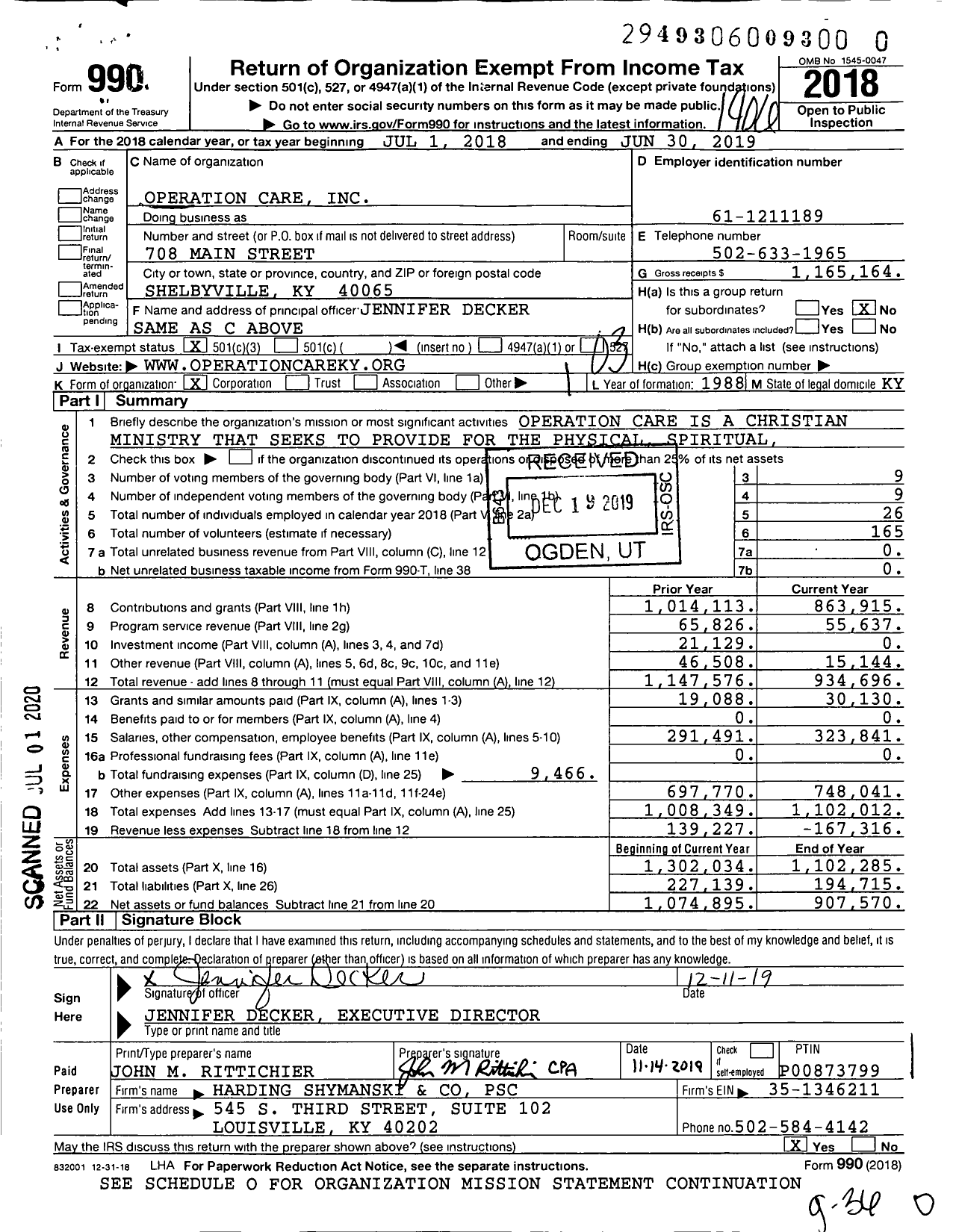 Image of first page of 2018 Form 990 for Operation Care