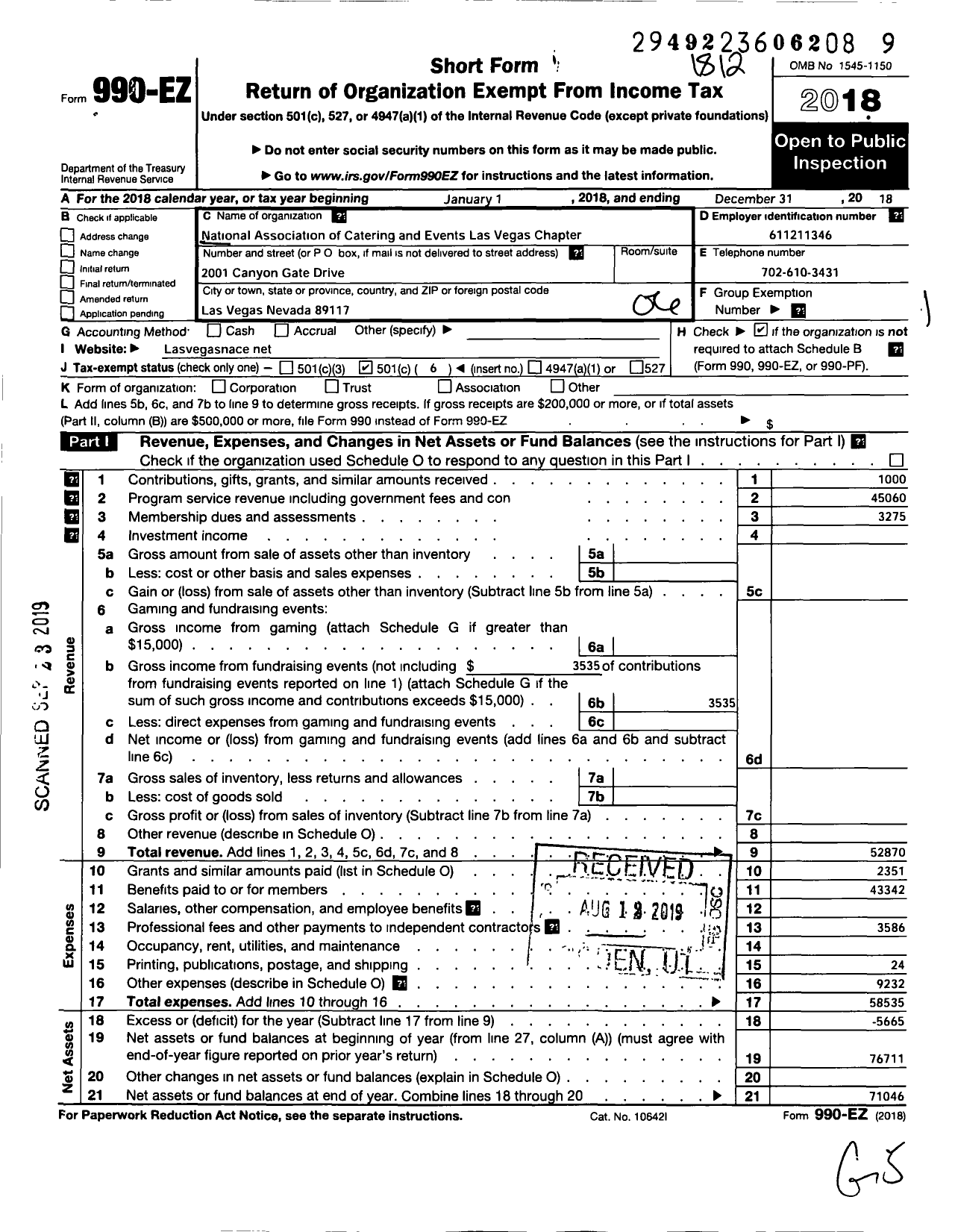 Image of first page of 2018 Form 990EO for National Association for Catering and Events / Las Vegas Chapter