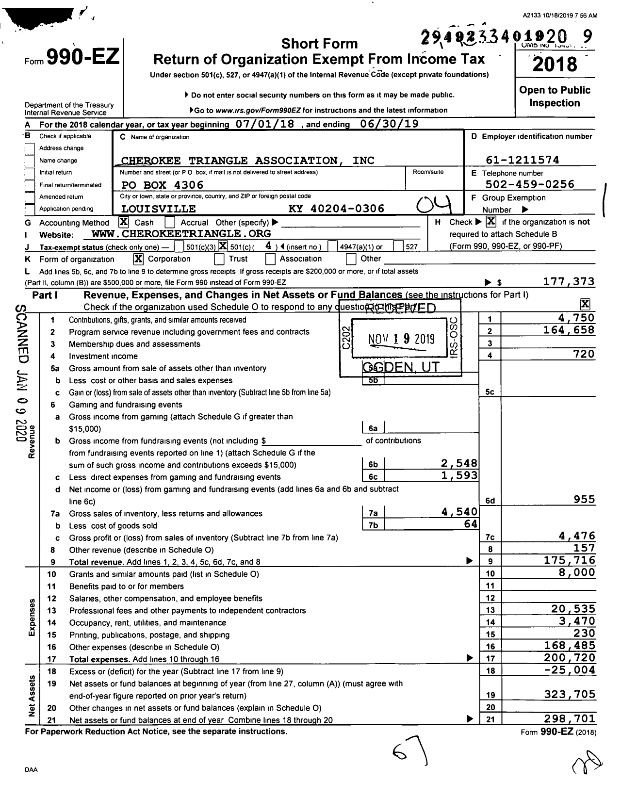 Image of first page of 2018 Form 990EO for Cherokee Triangle Association