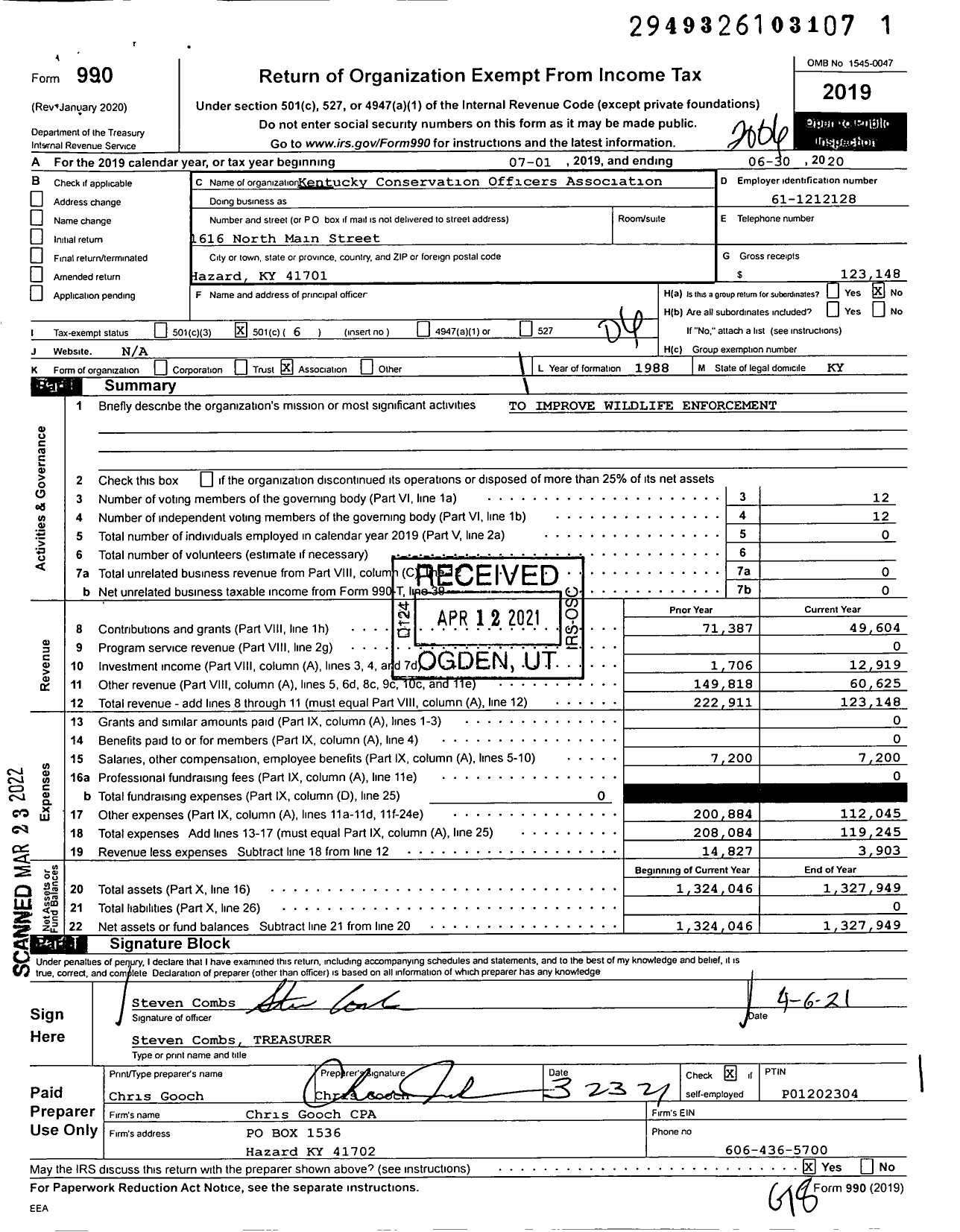 Image of first page of 2019 Form 990O for Kentucky Conservation Officers Association