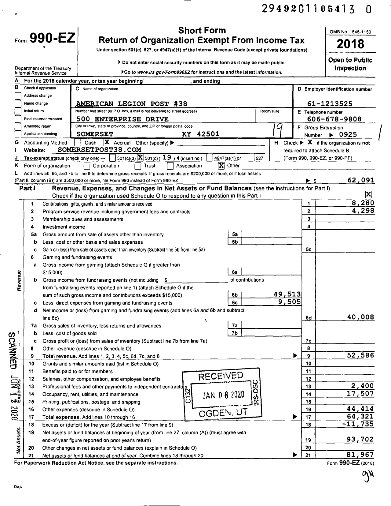 Image of first page of 2018 Form 990EO for American Legion Auxiliary - 038 Pulaski County