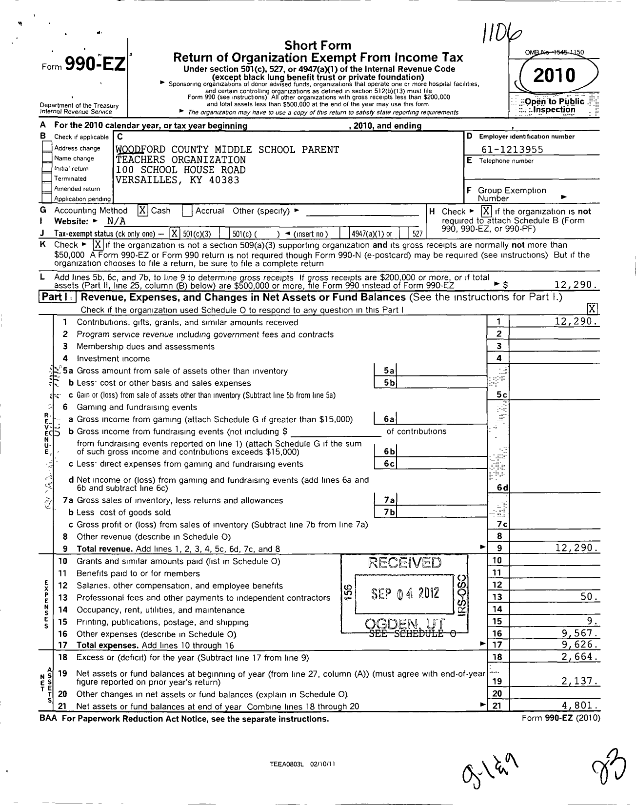 Image of first page of 2010 Form 990EZ for Woodford County Middle School Parent Teachers Organization