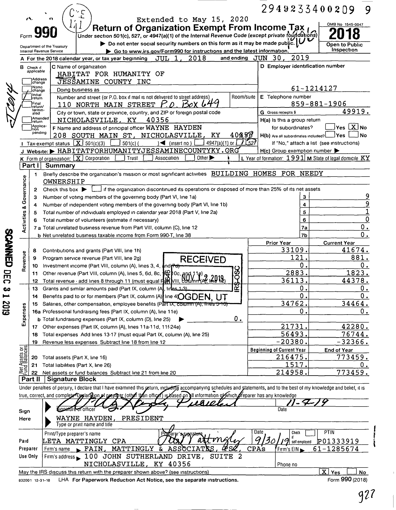 Image of first page of 2018 Form 990 for Habitat for Humanity - Jessamine County HFH of