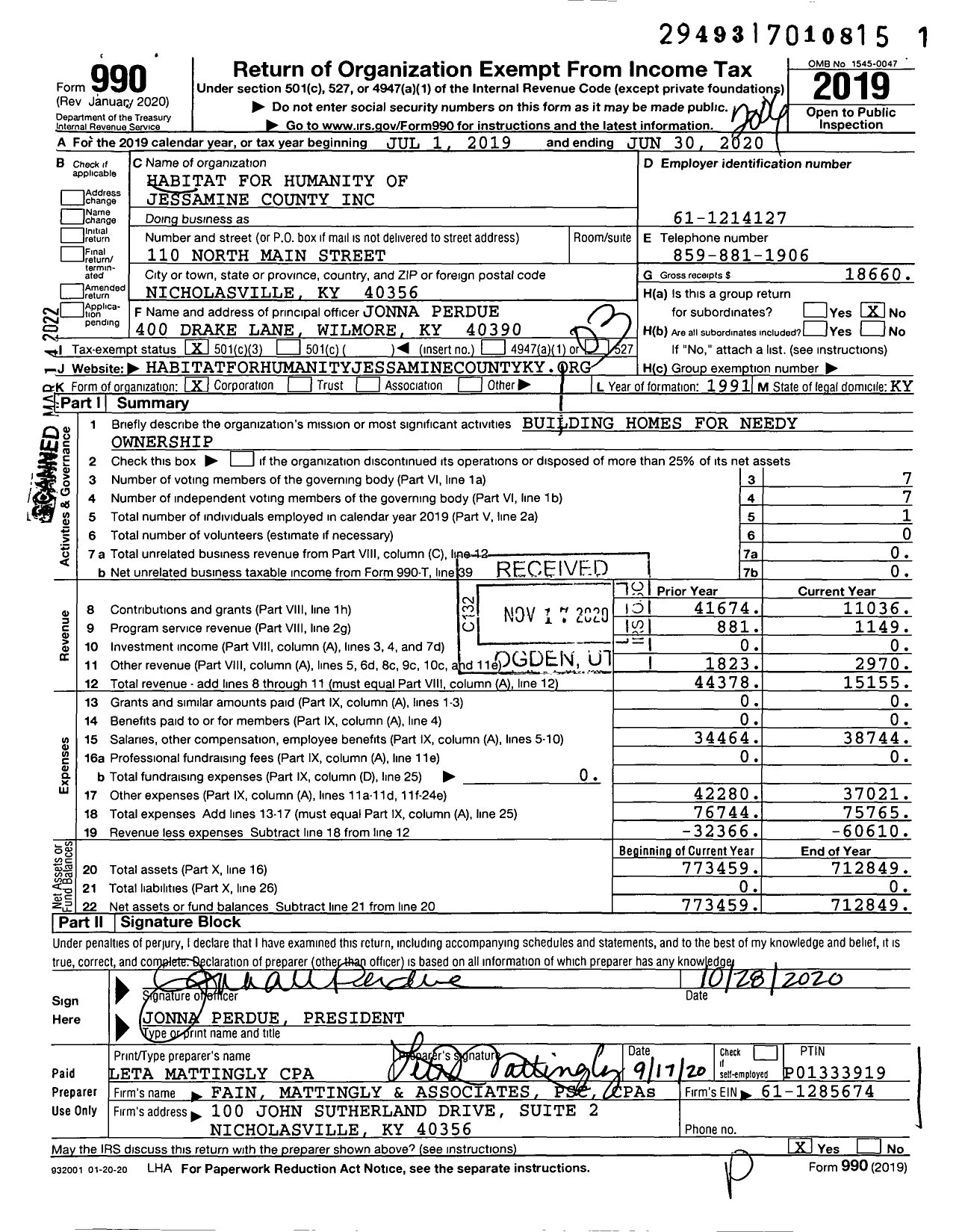 Image of first page of 2019 Form 990 for Habitat for Humanity - Jessamine County HFH of