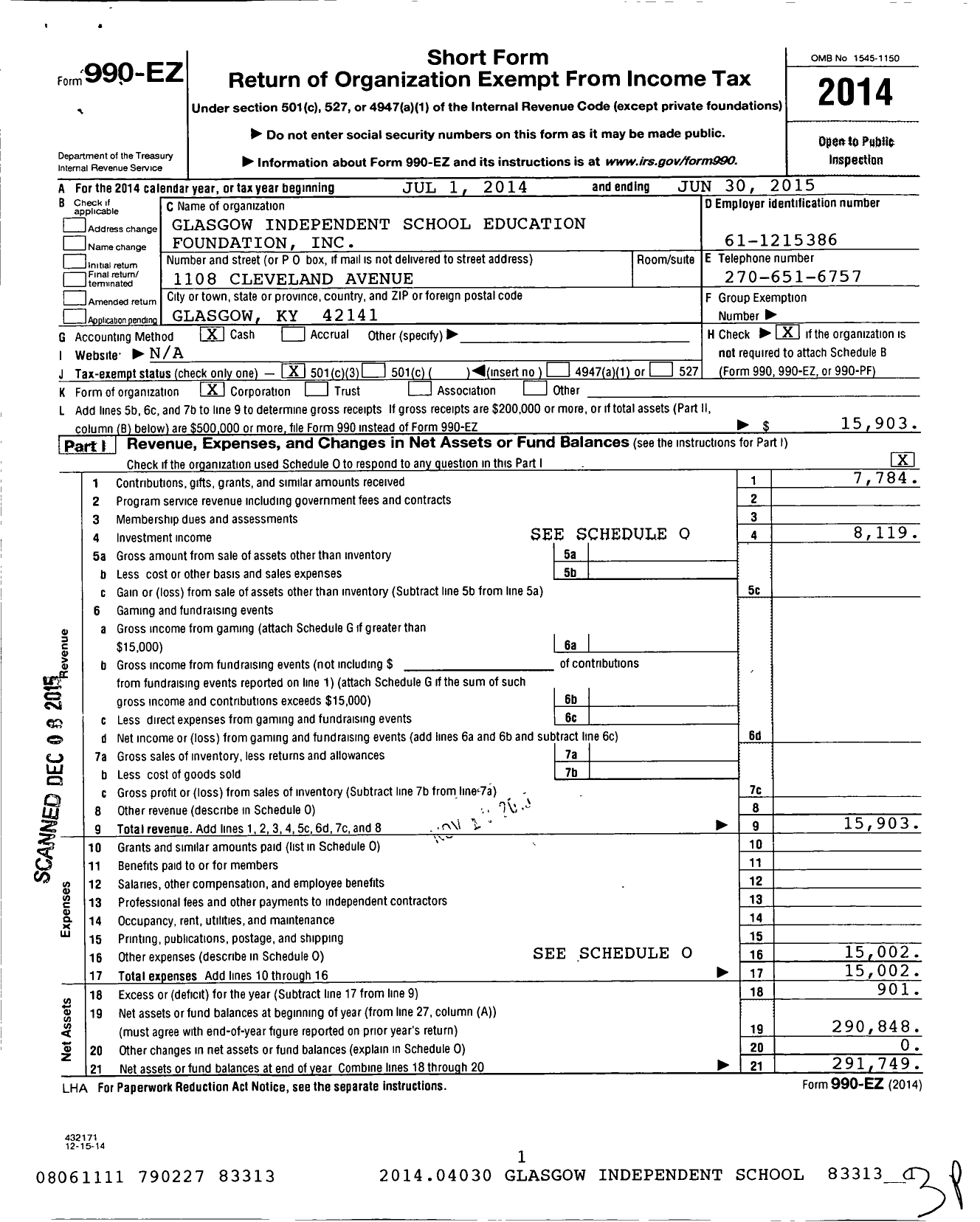 Image of first page of 2014 Form 990EZ for Glasgow Independent School Education Foundation