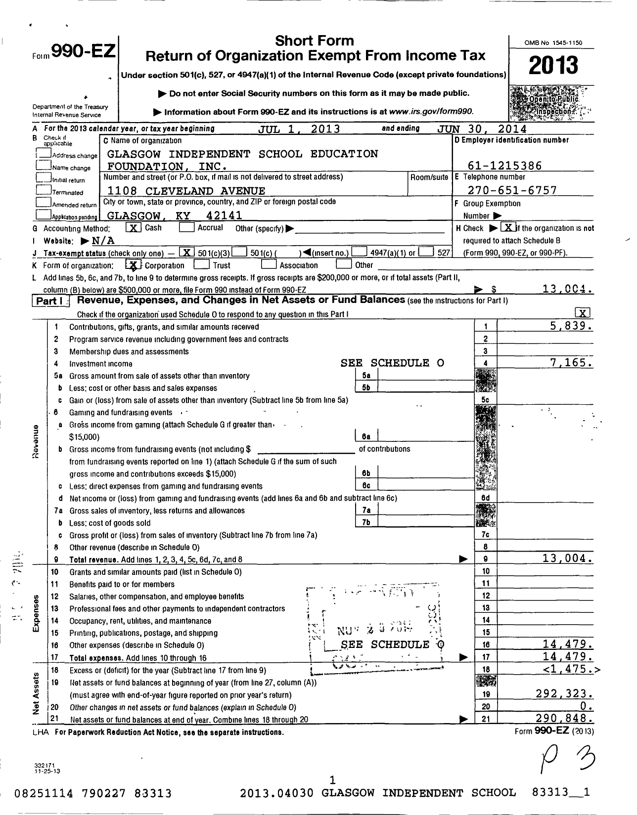 Image of first page of 2013 Form 990EZ for Glasgow Independent School Education Foundation