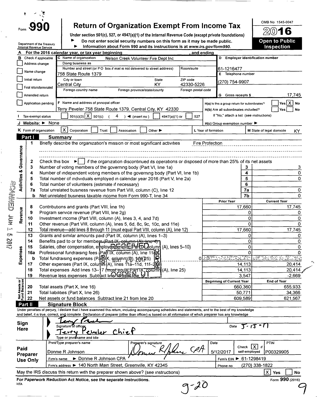 Image of first page of 2016 Form 990O for Nelson Creek Volunteer Fire Dept