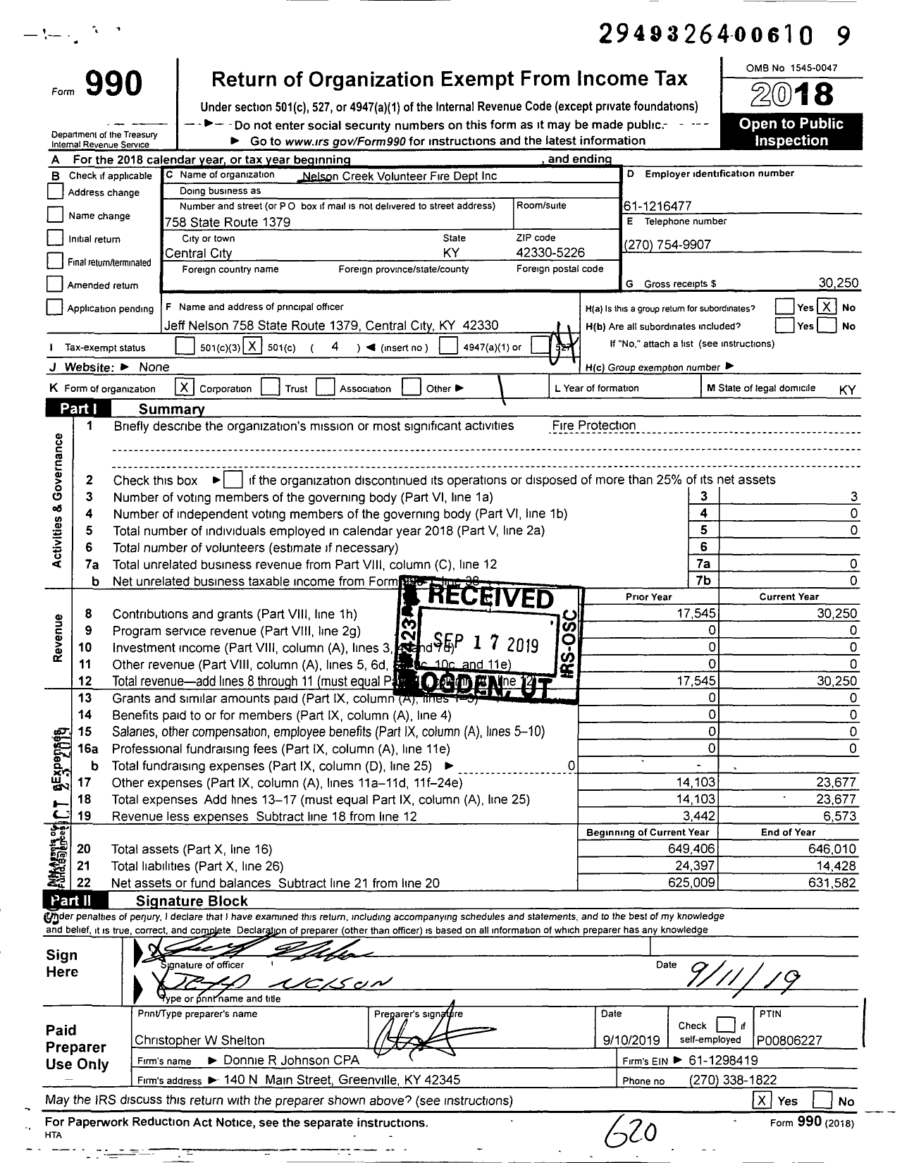 Image of first page of 2018 Form 990O for Nelson Creek Volunteer Fire Dept