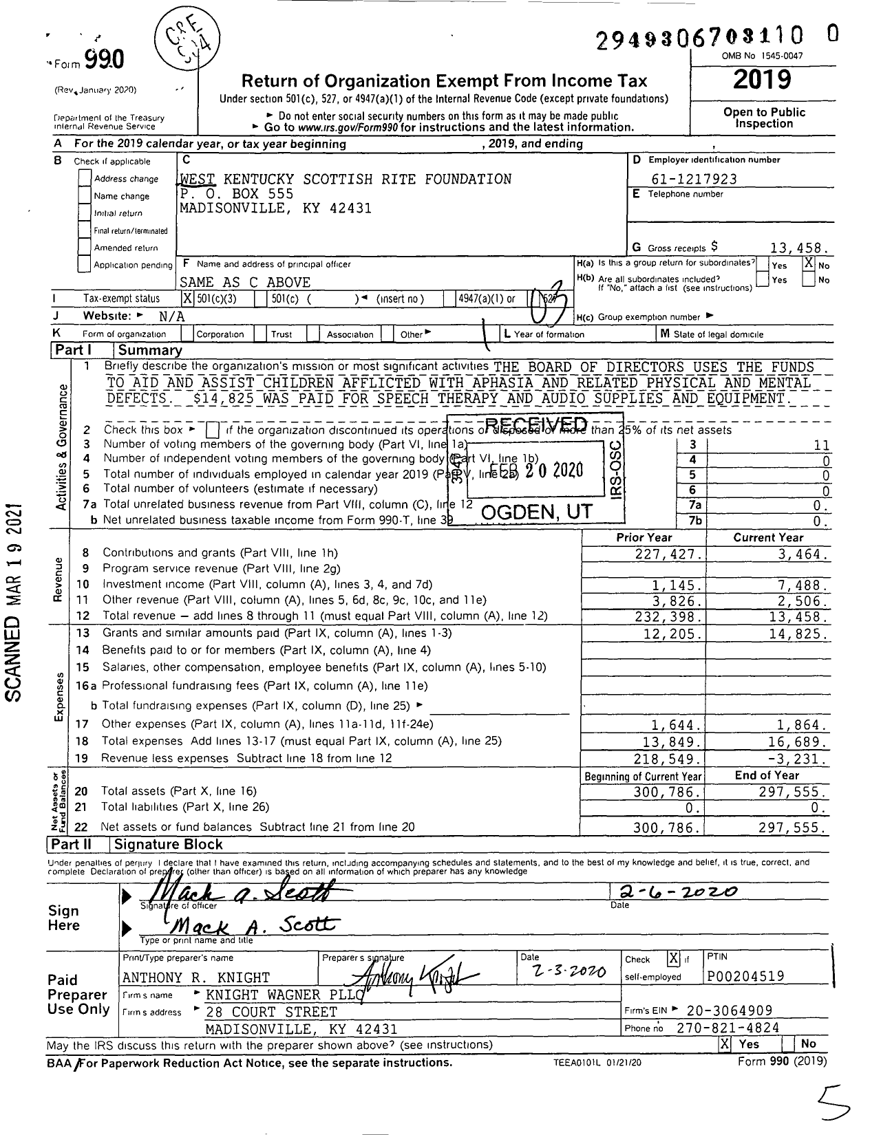 Image of first page of 2019 Form 990 for West Kentucky Scottish Rite