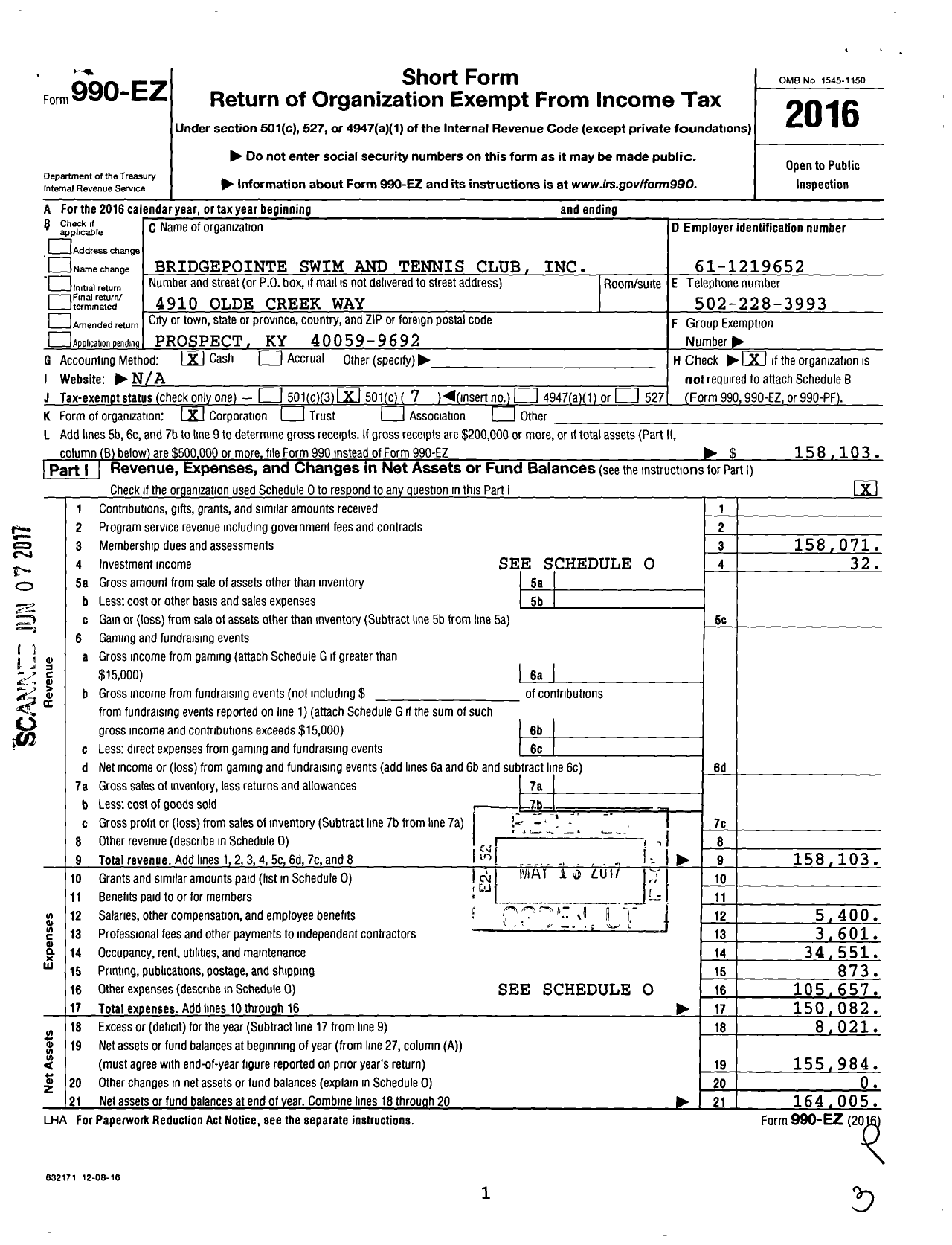 Image of first page of 2016 Form 990EO for Bridgepointe Swim and Tennis Club