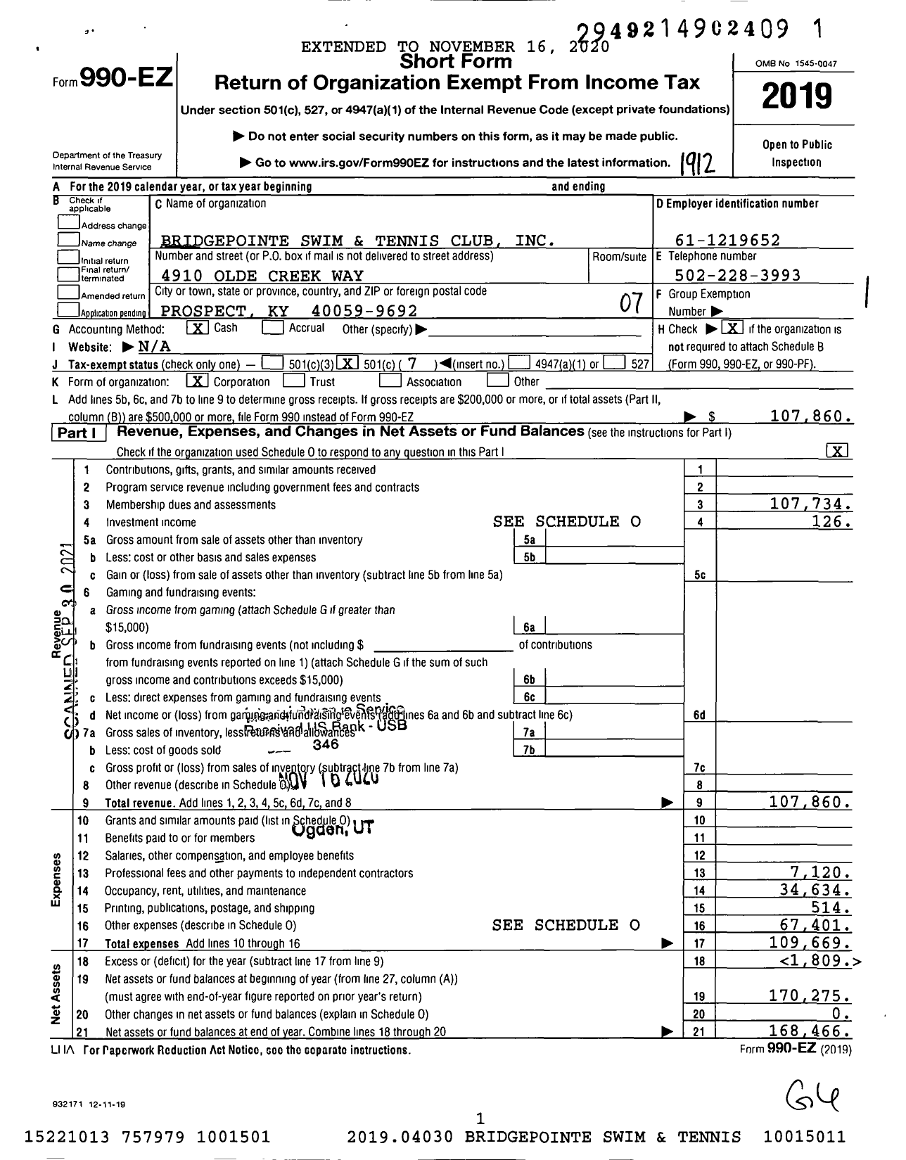 Image of first page of 2019 Form 990EO for Bridgepointe Swim and Tennis Club