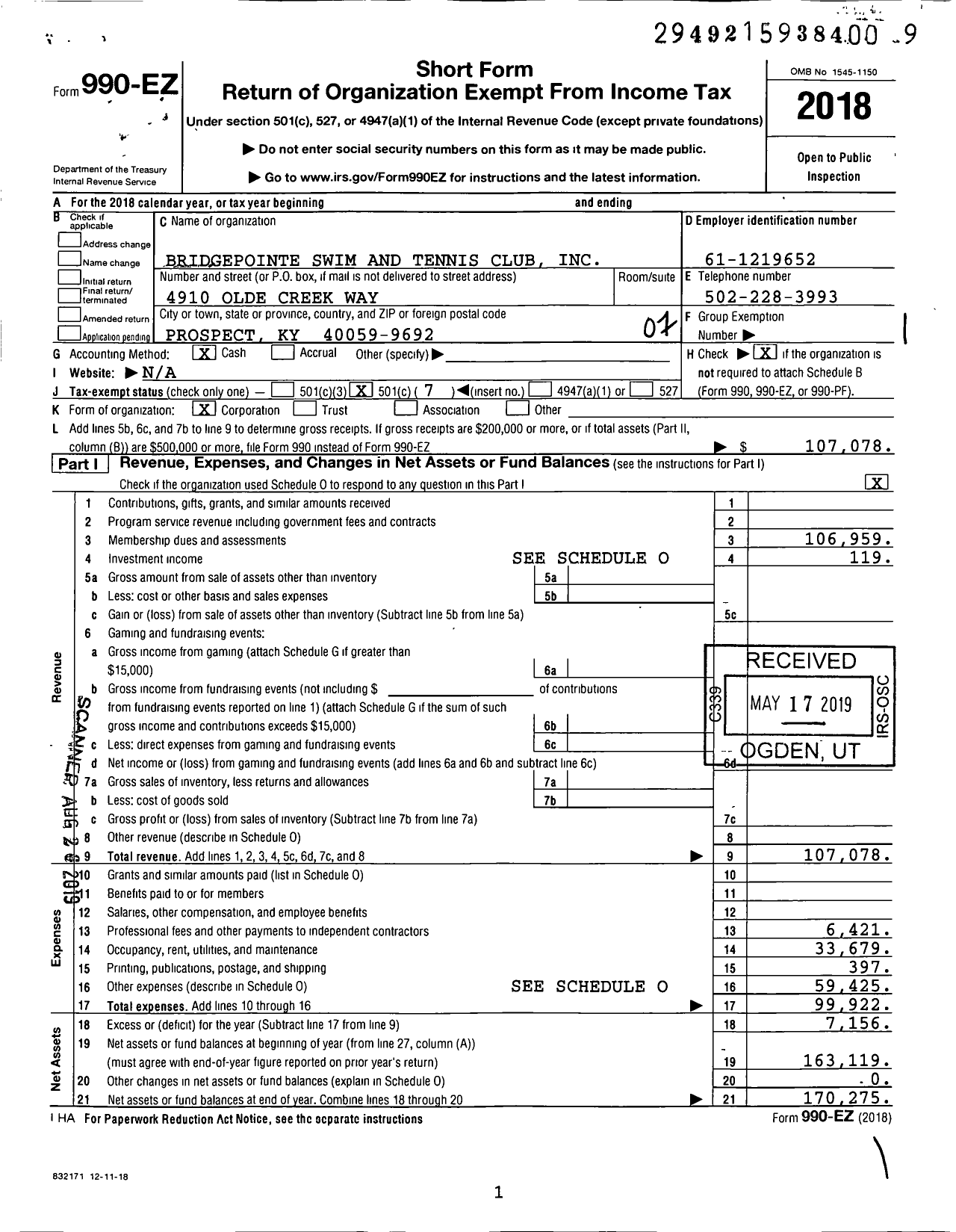 Image of first page of 2018 Form 990EO for Bridgepointe Swim and Tennis Club