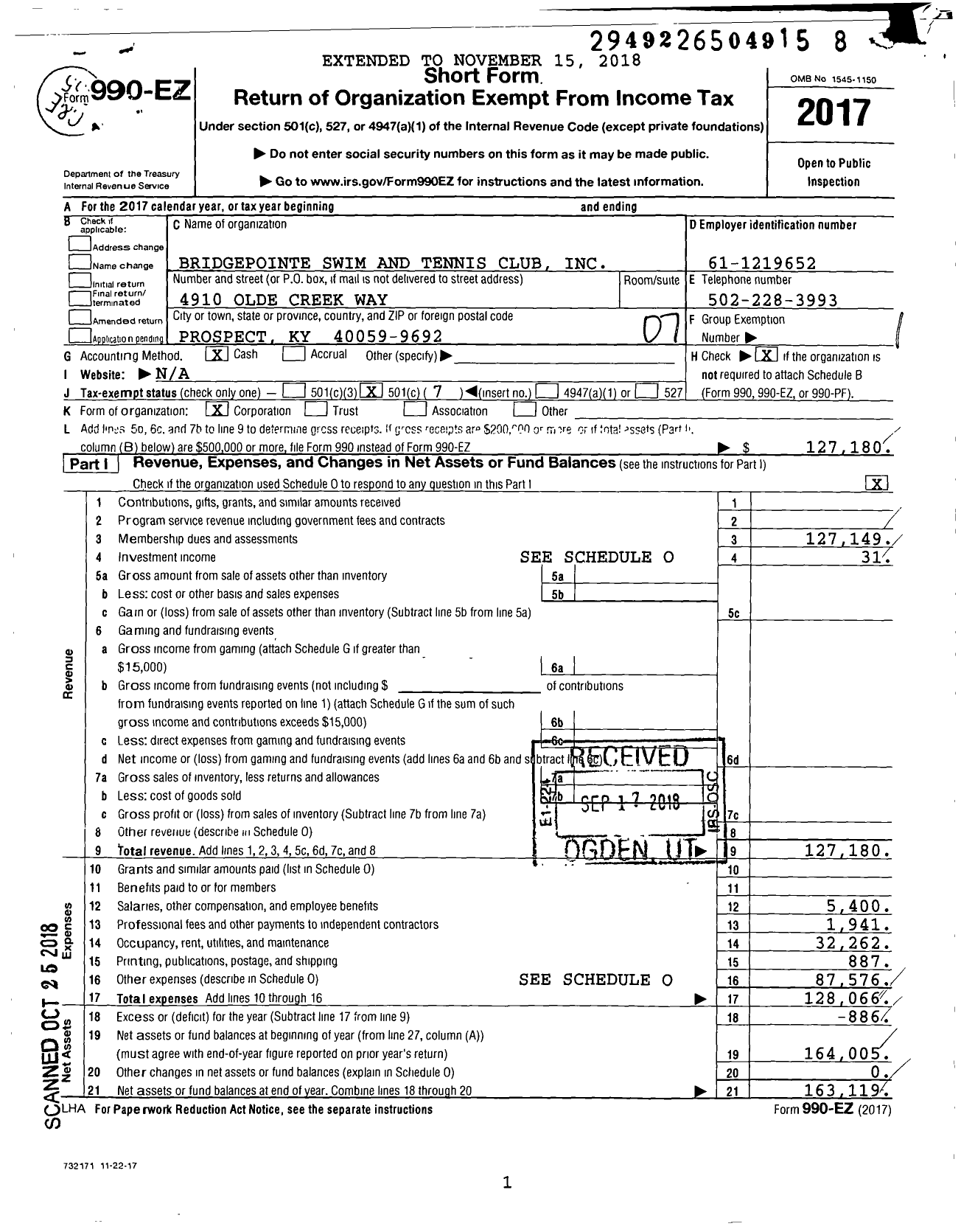 Image of first page of 2017 Form 990EO for Bridgepointe Swim and Tennis Club