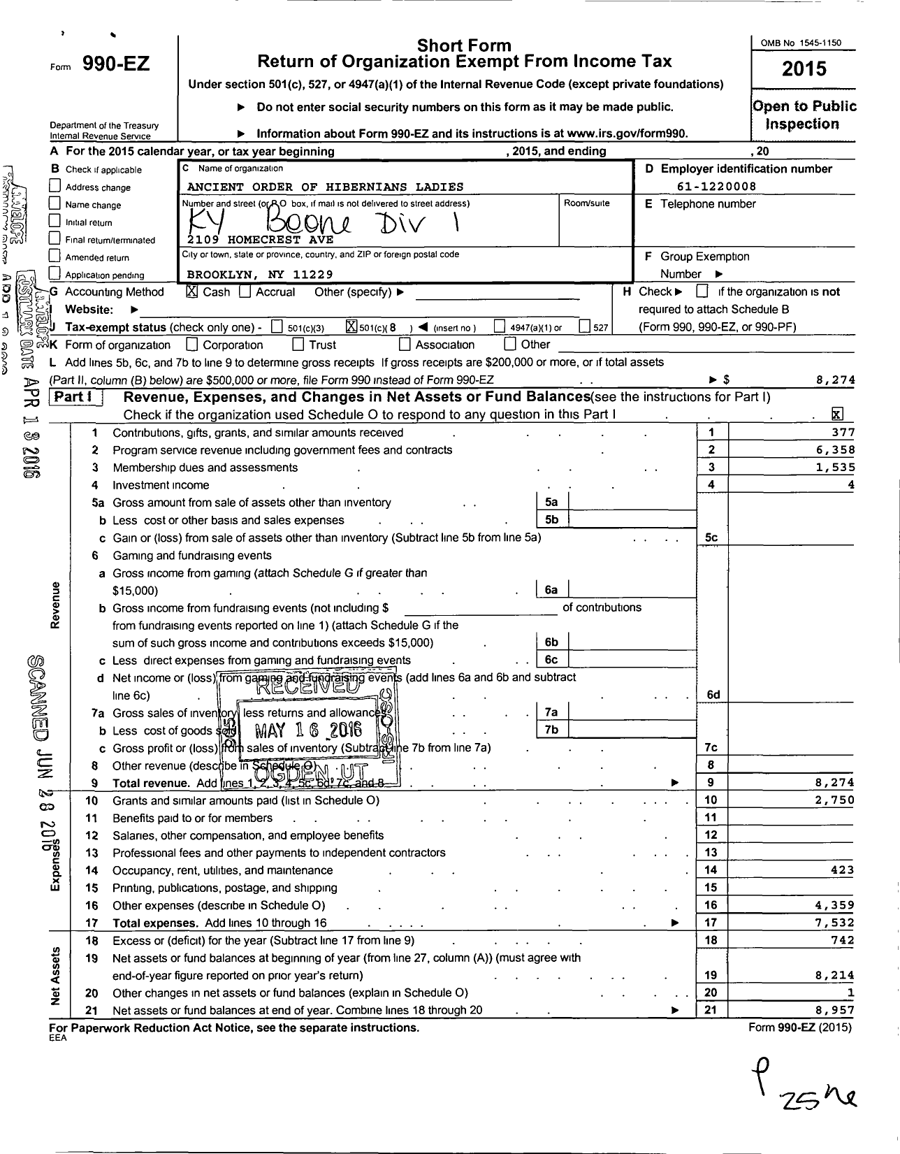 Image of first page of 2015 Form 990EO for Ancient Order of Hibernians Ladies / 1 Dive Boone Ky