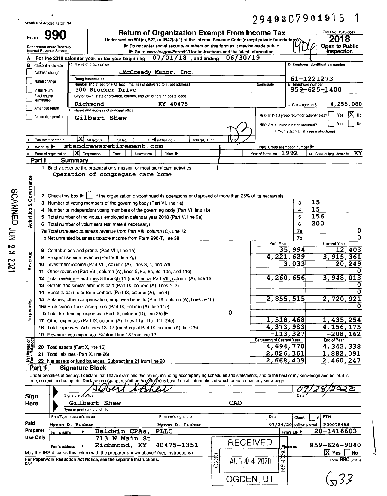 Image of first page of 2018 Form 990 for Mccready Manor