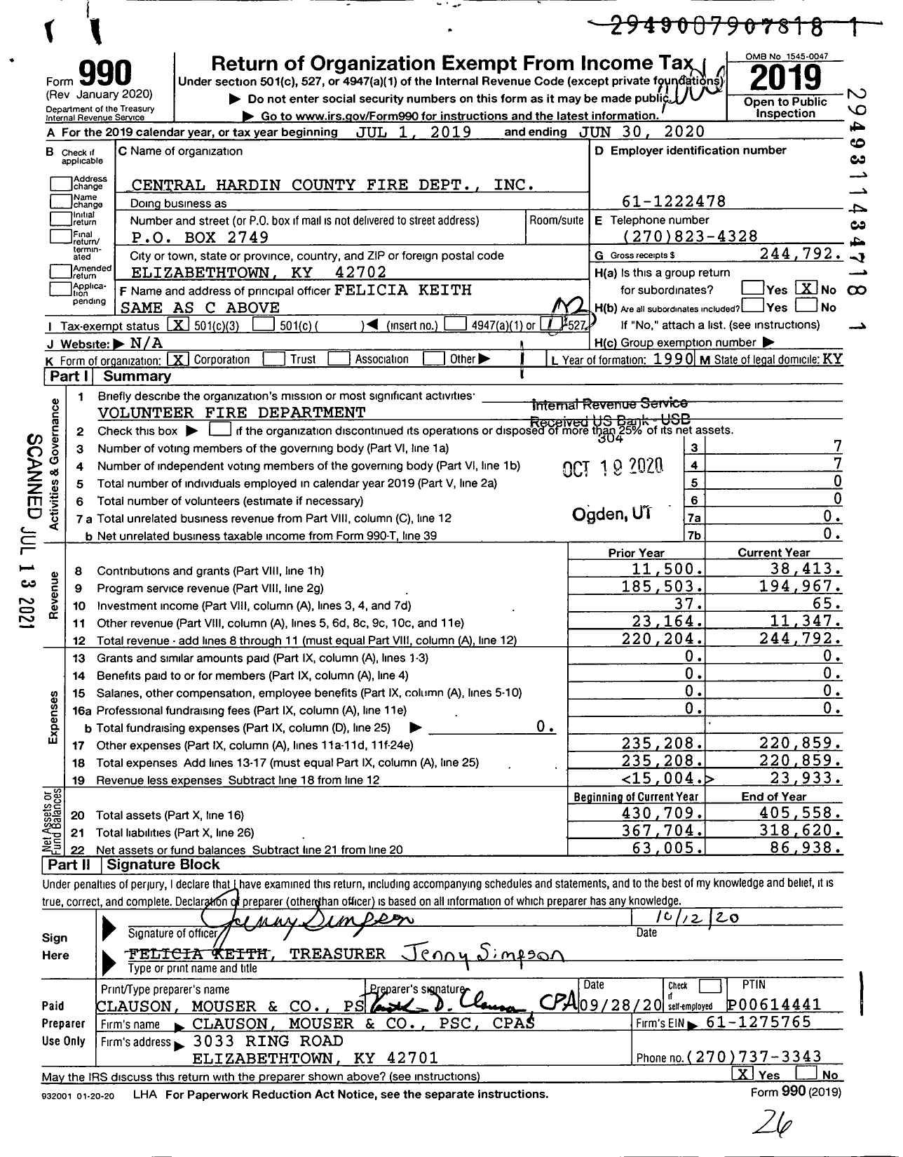 Image of first page of 2019 Form 990 for Central Hardin County Fire Dept