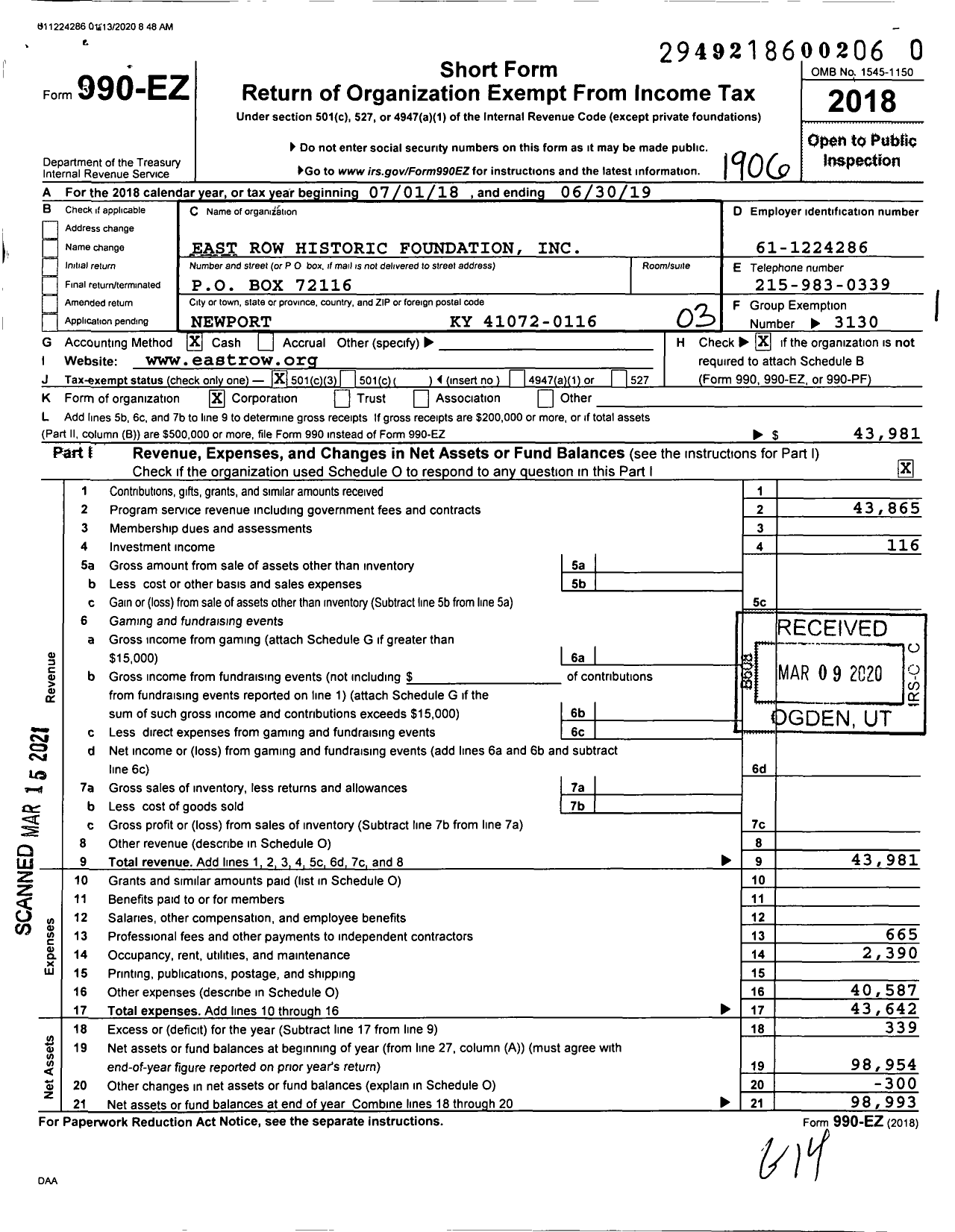 Image of first page of 2018 Form 990EZ for East Row Historic Foundation