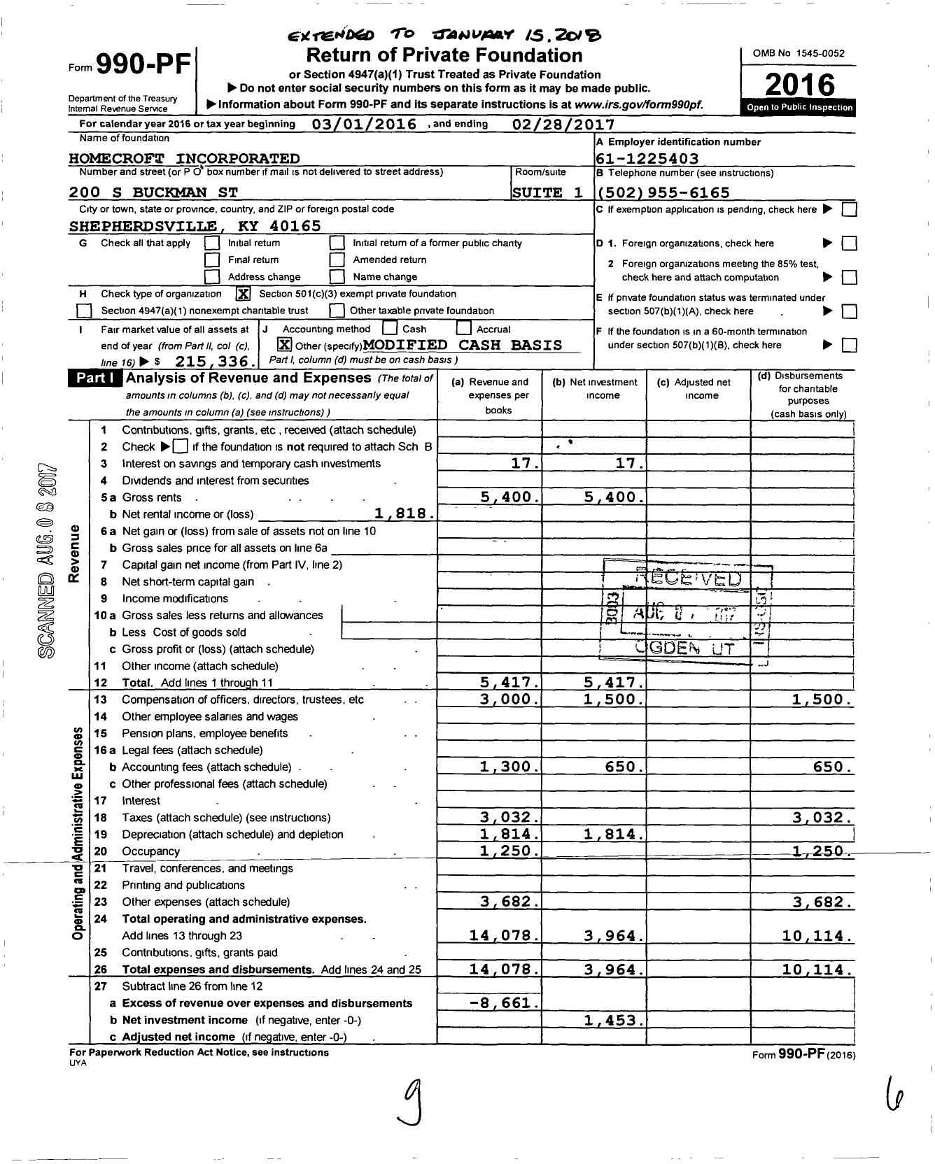 Image of first page of 2016 Form 990PF for HOMECROFT INCorporated