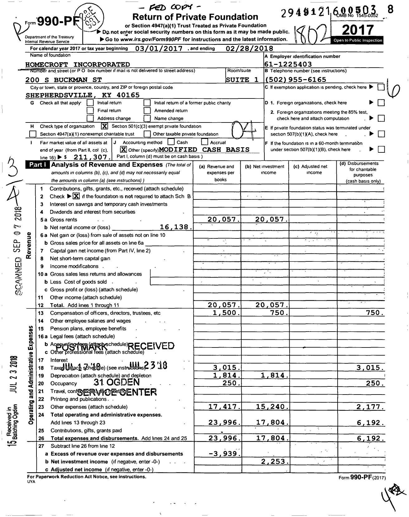 Image of first page of 2017 Form 990PF for HOMECROFT INCorporated