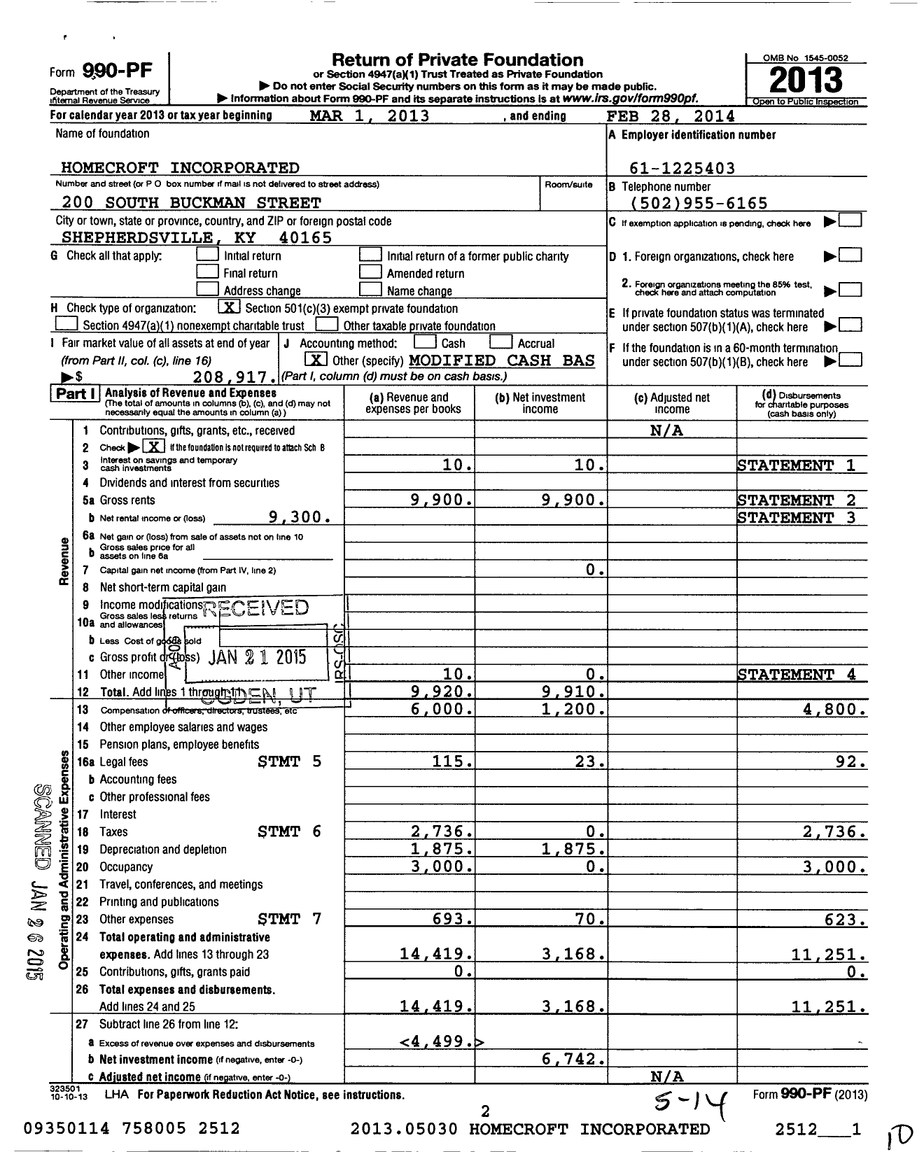 Image of first page of 2013 Form 990PF for HOMECROFT INCorporated