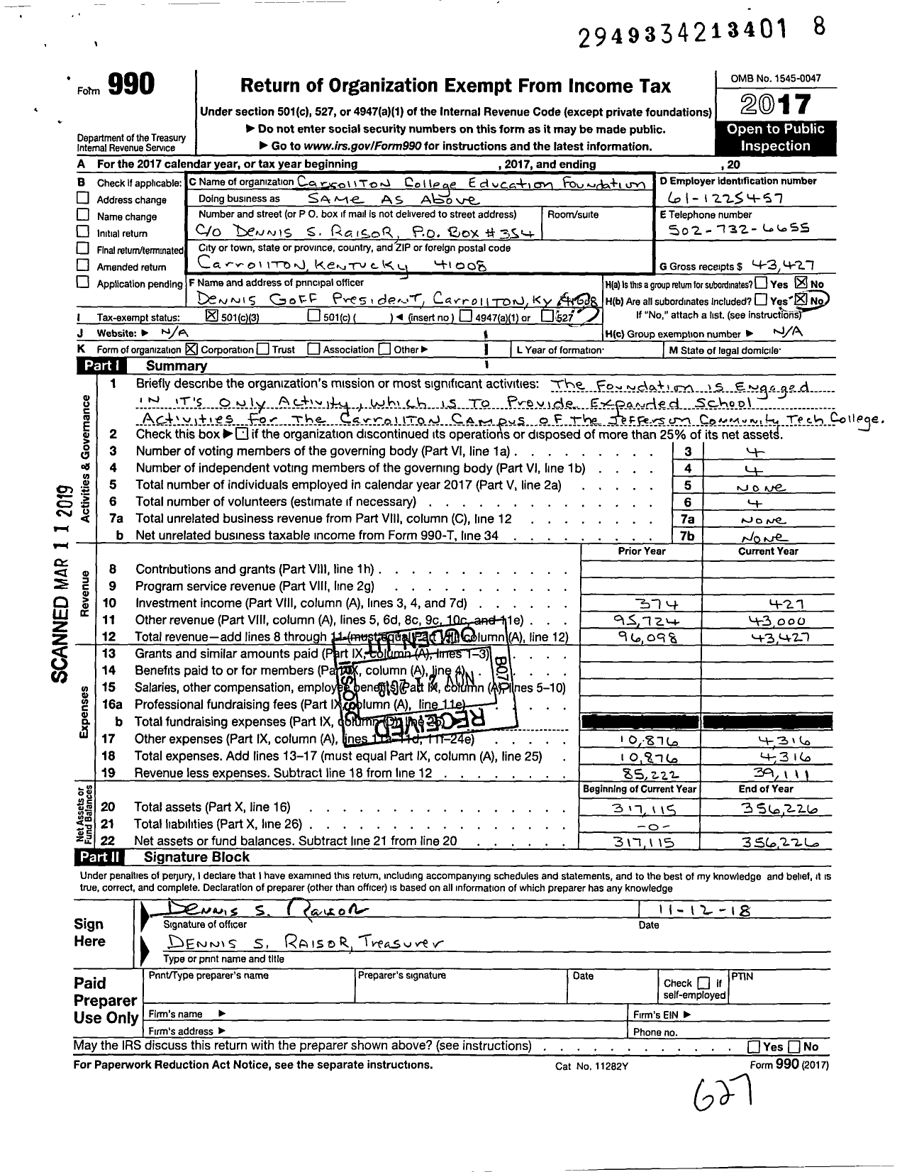 Image of first page of 2017 Form 990 for Carrollton College Education Foundation