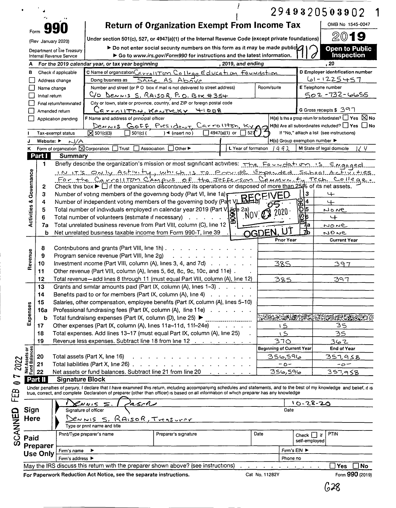 Image of first page of 2019 Form 990 for Carrollton College Education Foundation