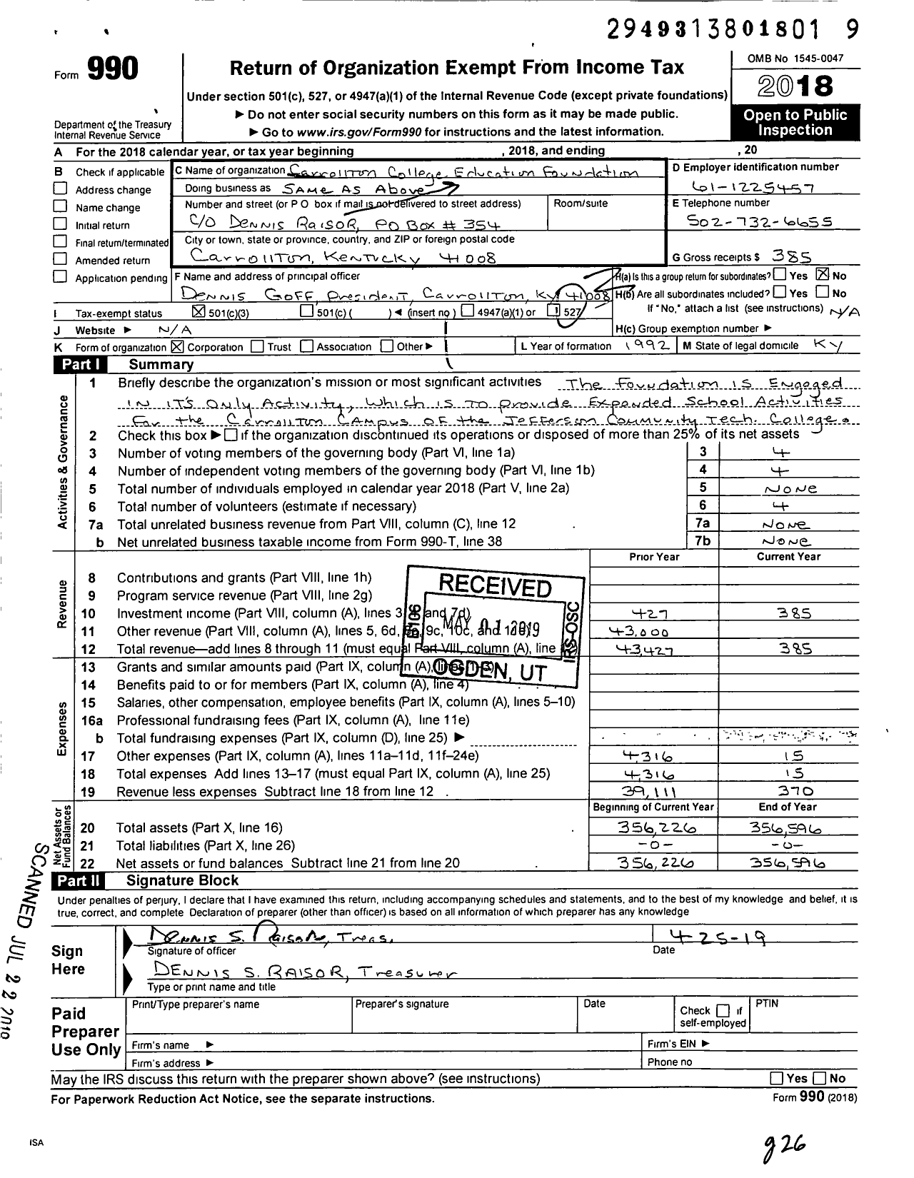 Image of first page of 2018 Form 990 for Carrollton College Education Foundation