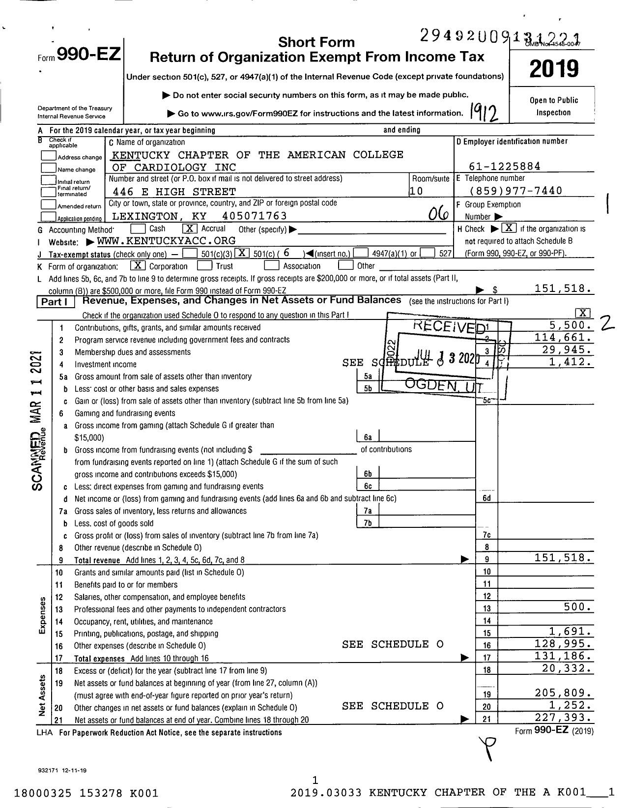 Image of first page of 2019 Form 990EO for Kentucky Chapter of the American College of Cardiology