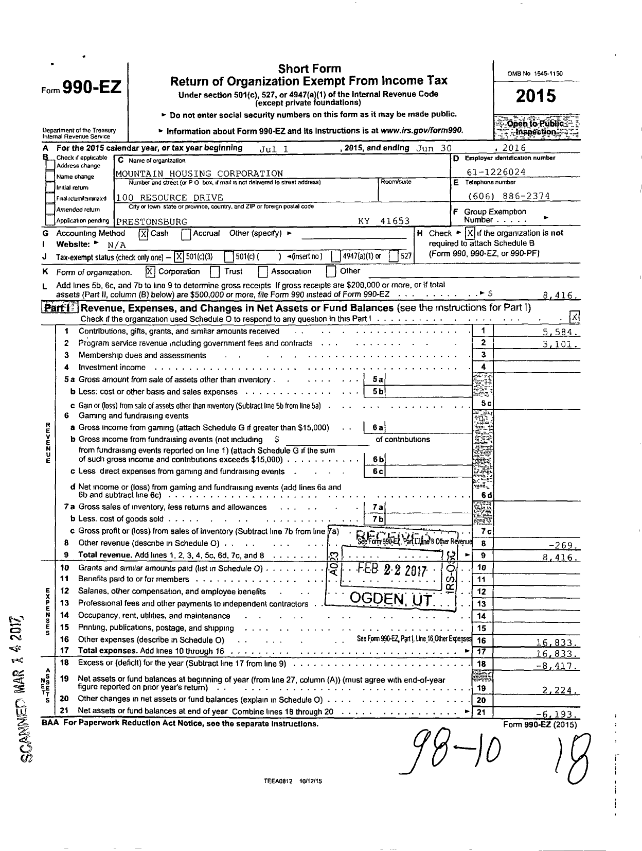 Image of first page of 2015 Form 990EZ for Mountain Housing Corporation