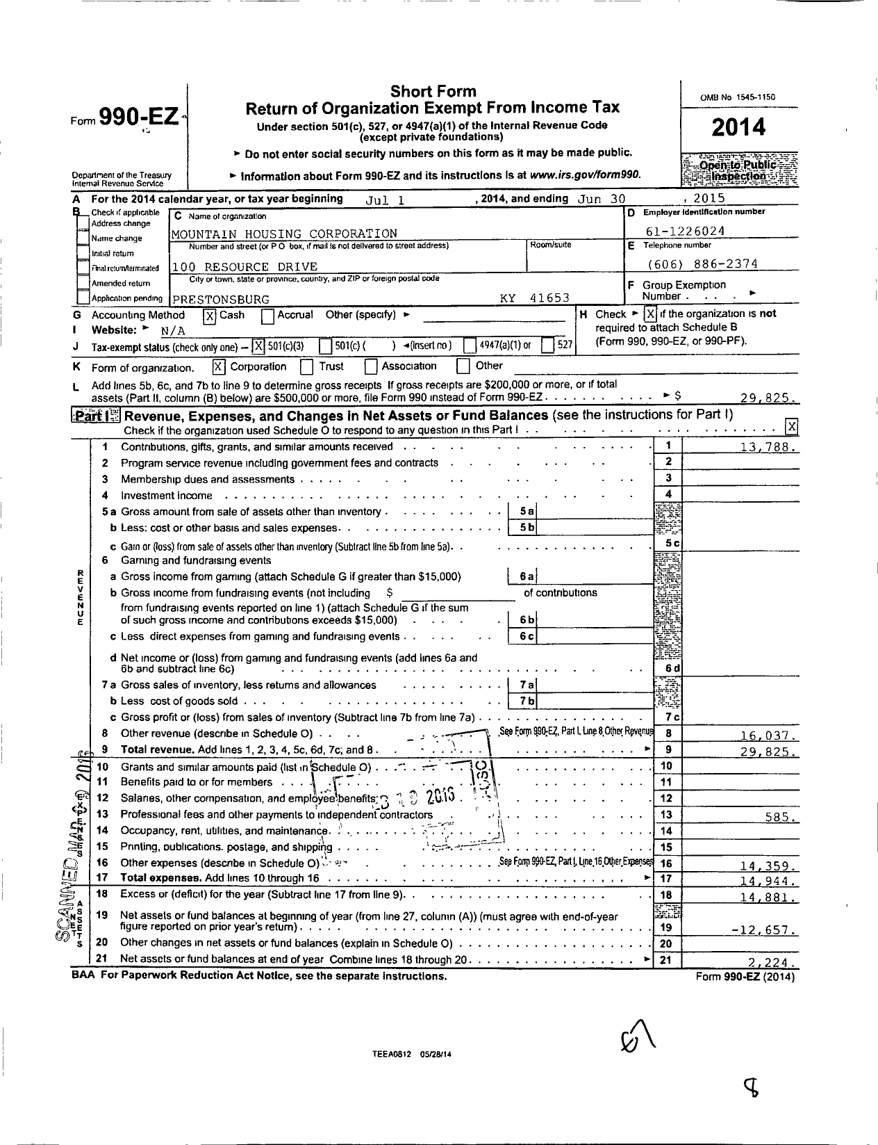 Image of first page of 2014 Form 990EZ for Mountain Housing Corporation