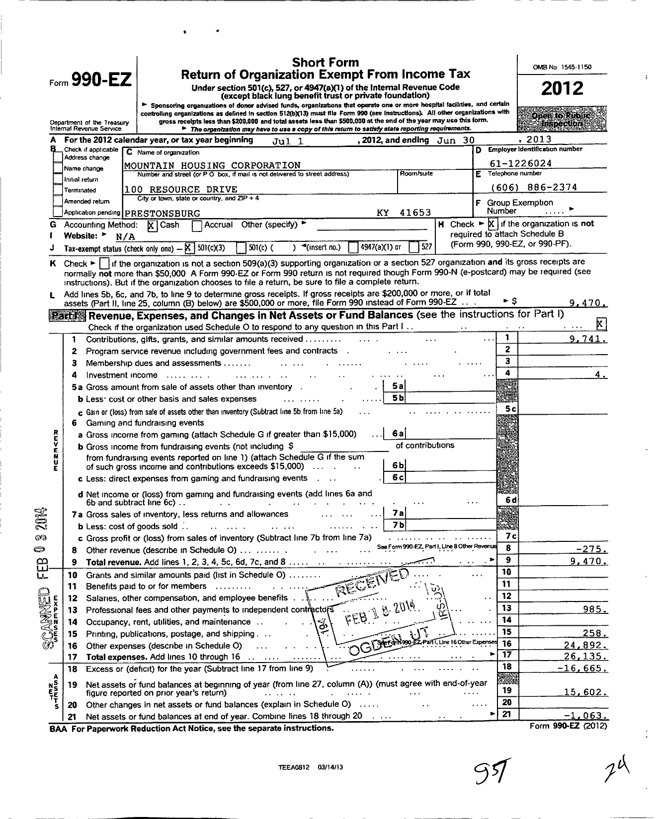 Image of first page of 2012 Form 990EZ for Mountain Housing Corporation