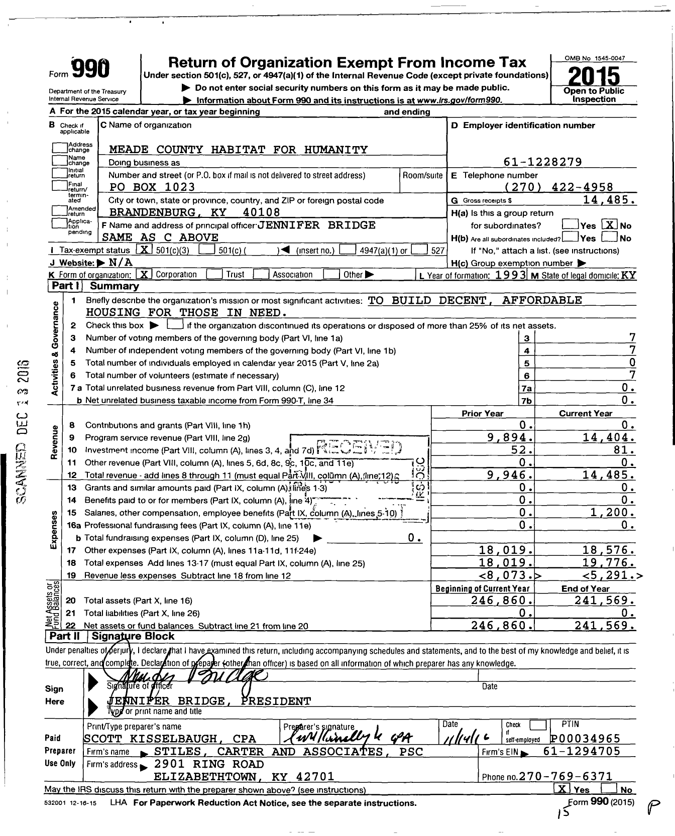 Image of first page of 2015 Form 990 for Meade County Kentucky Habitat for Humanity