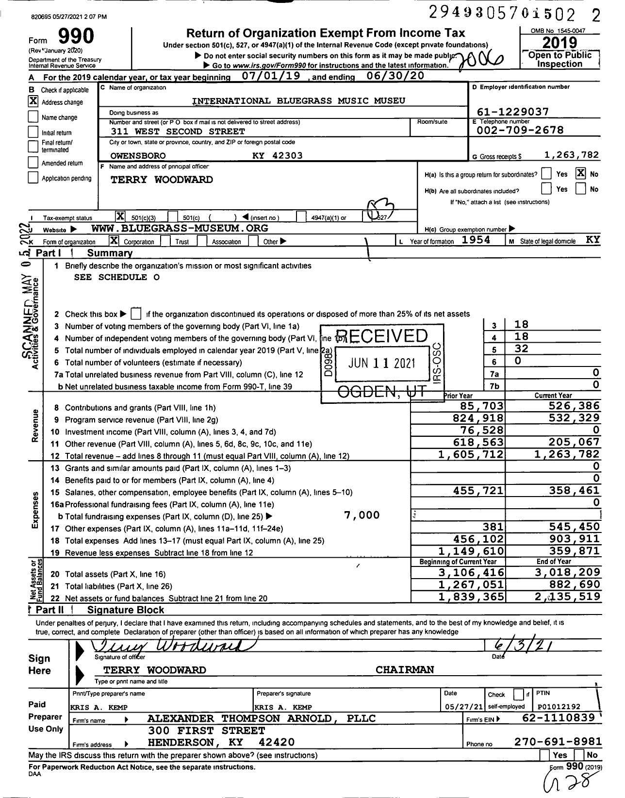 Image of first page of 2019 Form 990 for Bluegrass Music Hall of Fame and Muse