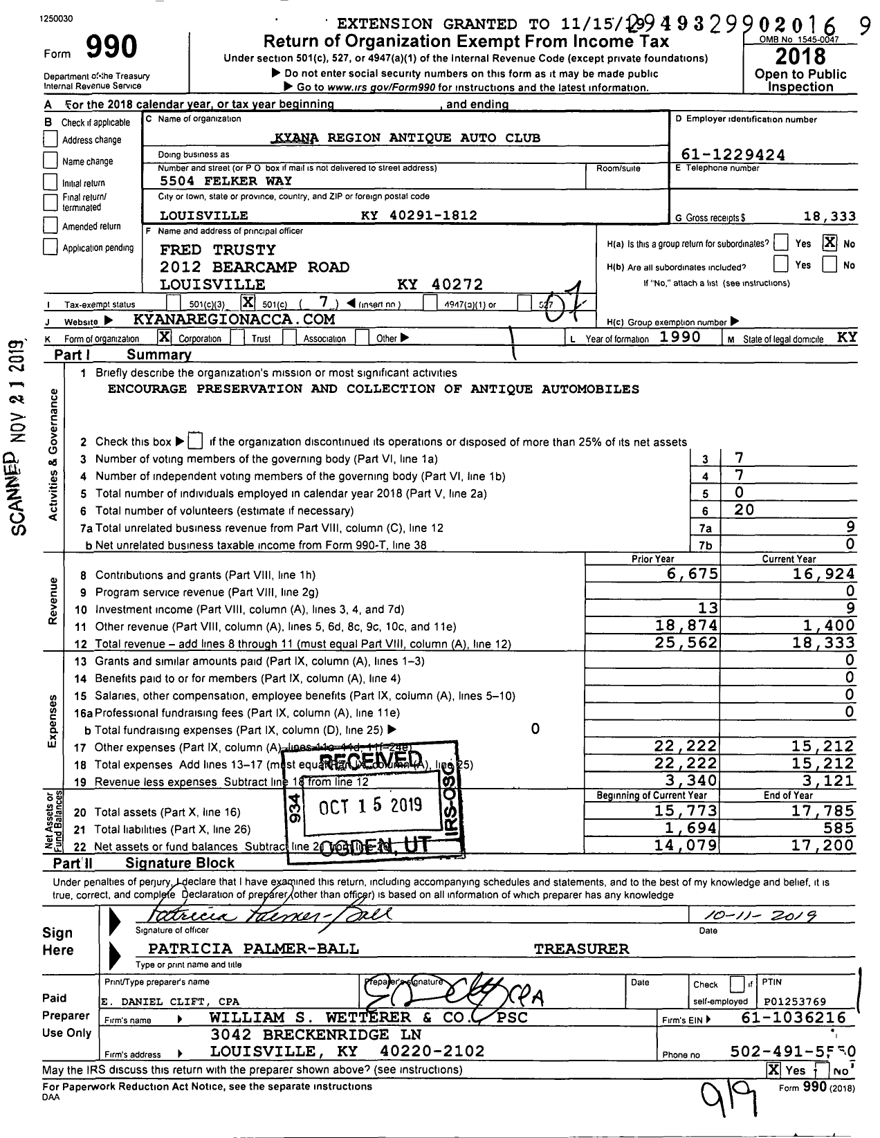 Image of first page of 2018 Form 990O for Kyana Region Antique Auto Club