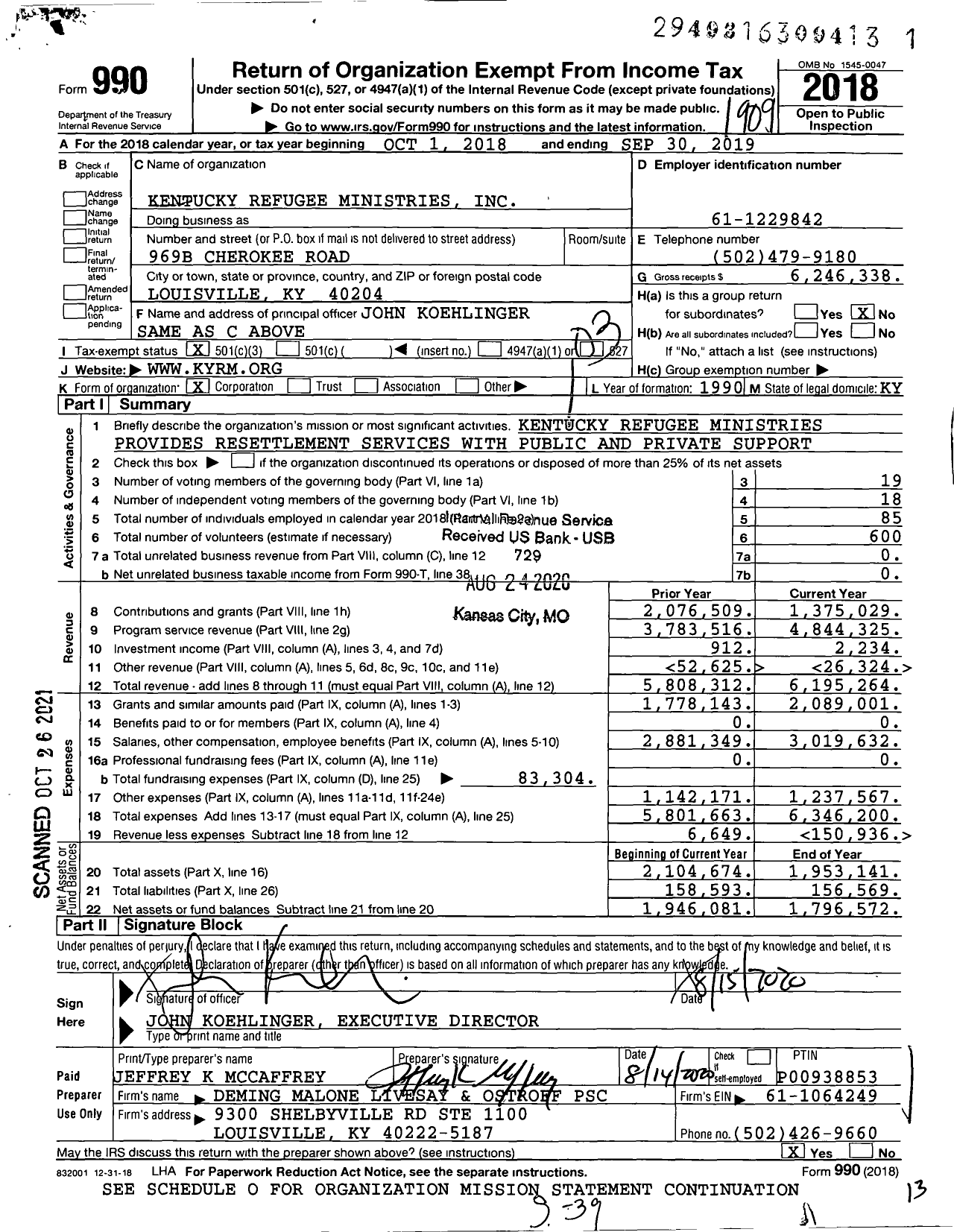 Image of first page of 2018 Form 990 for Kentucky Refugee Ministries (KRM)