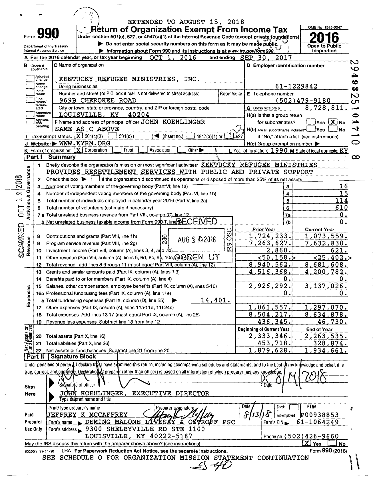 Image of first page of 2016 Form 990 for Kentucky Refugee Ministries (KRM)