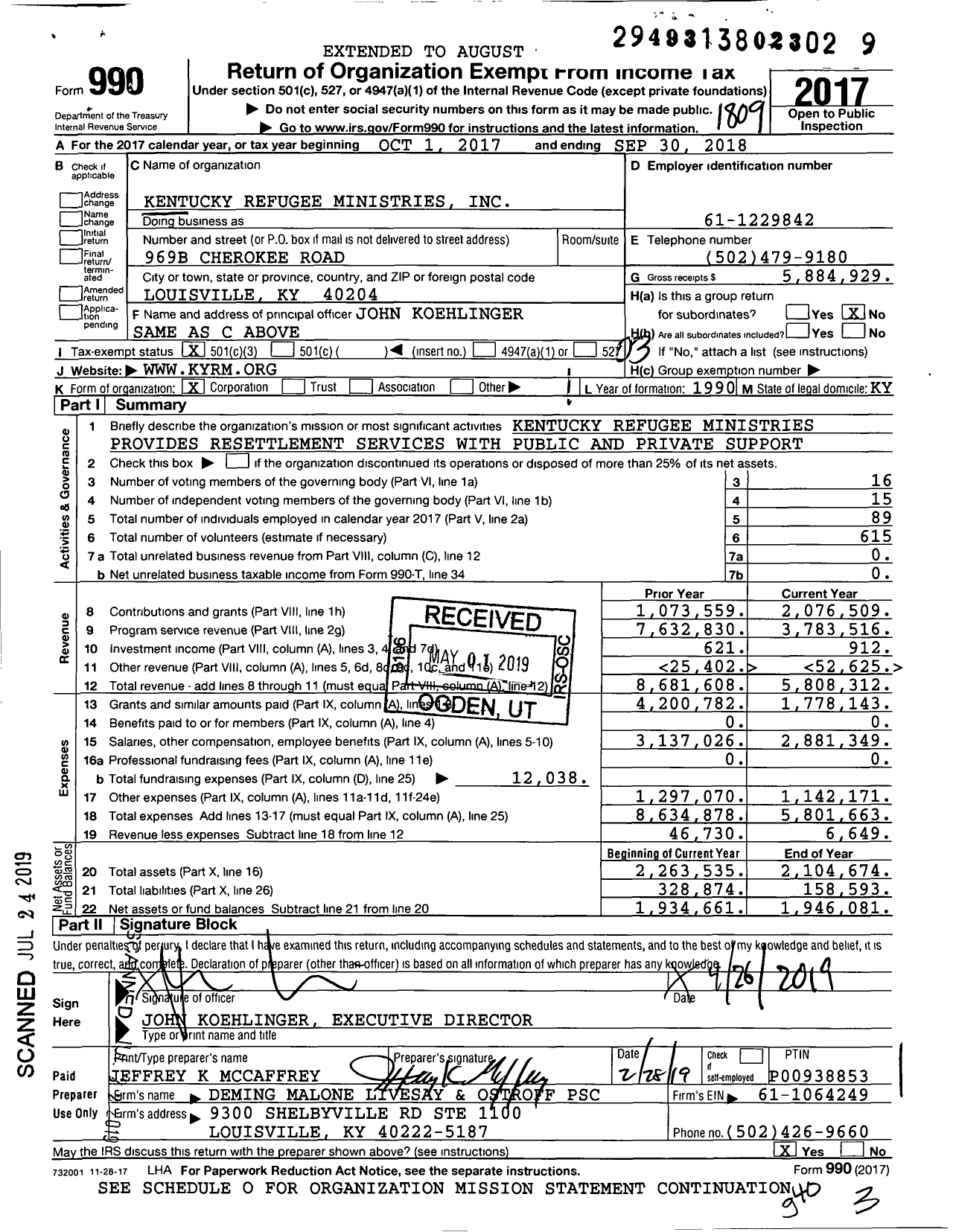 Image of first page of 2017 Form 990 for Kentucky Refugee Ministries (KRM)