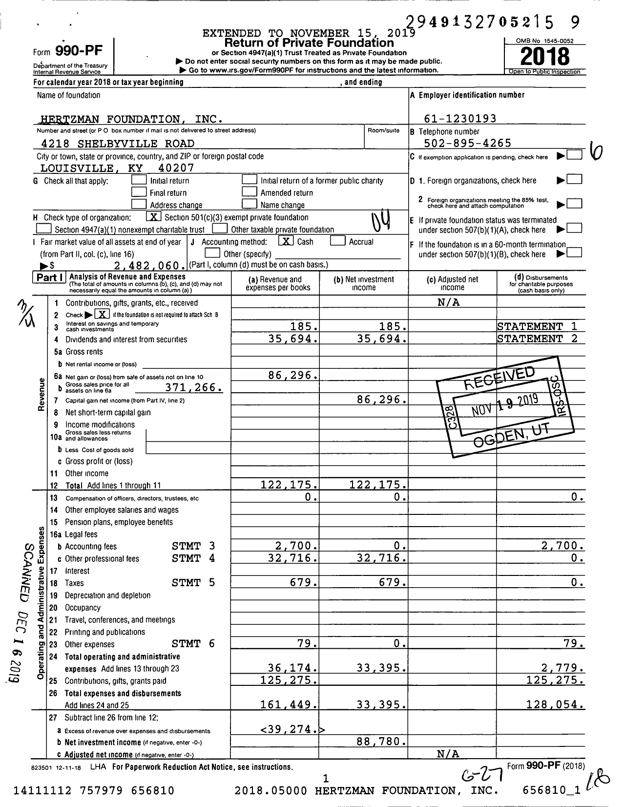 Image of first page of 2018 Form 990PF for Hertzman Foundation