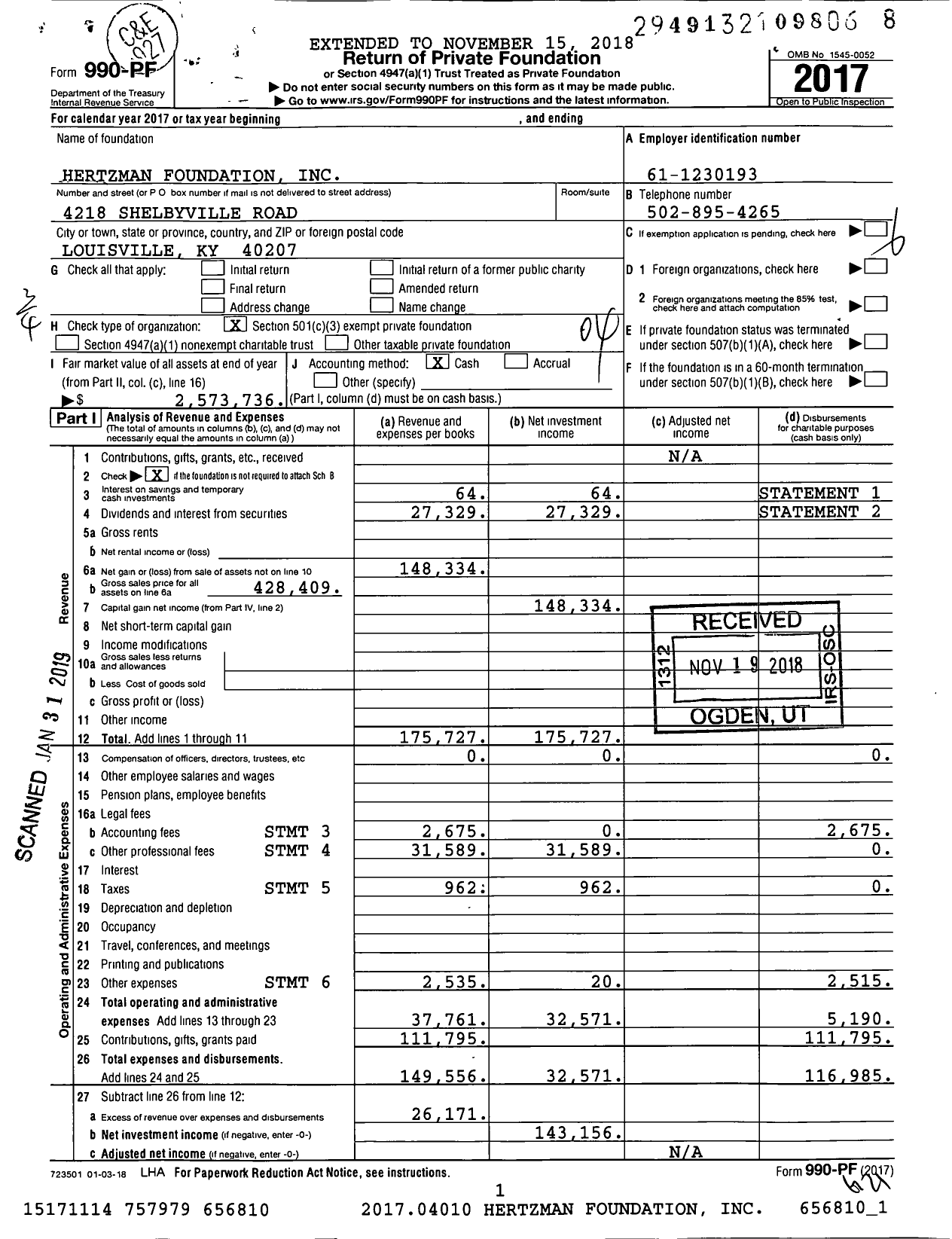 Image of first page of 2017 Form 990PF for Hertzman Foundation