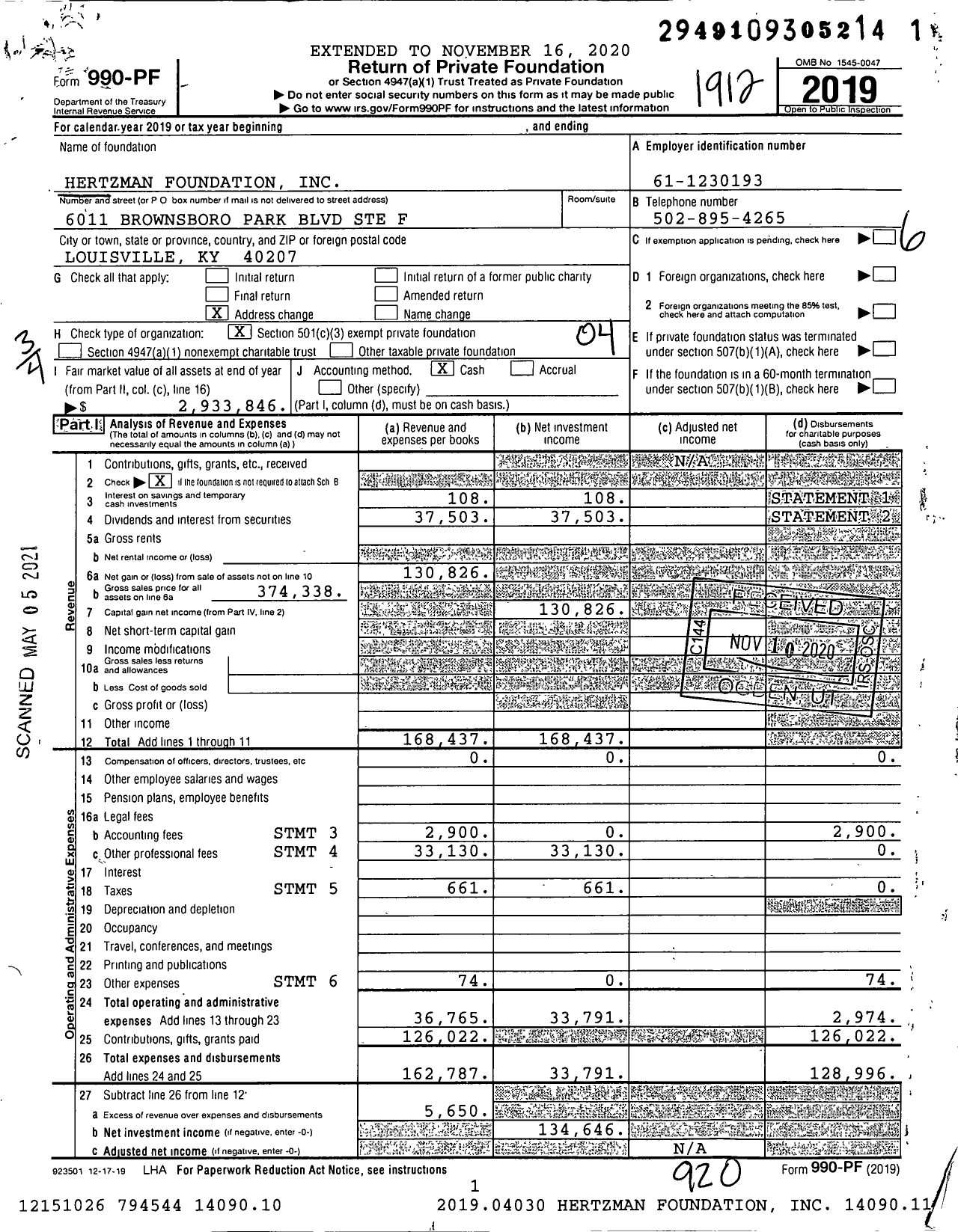 Image of first page of 2019 Form 990PF for Hertzman Foundation