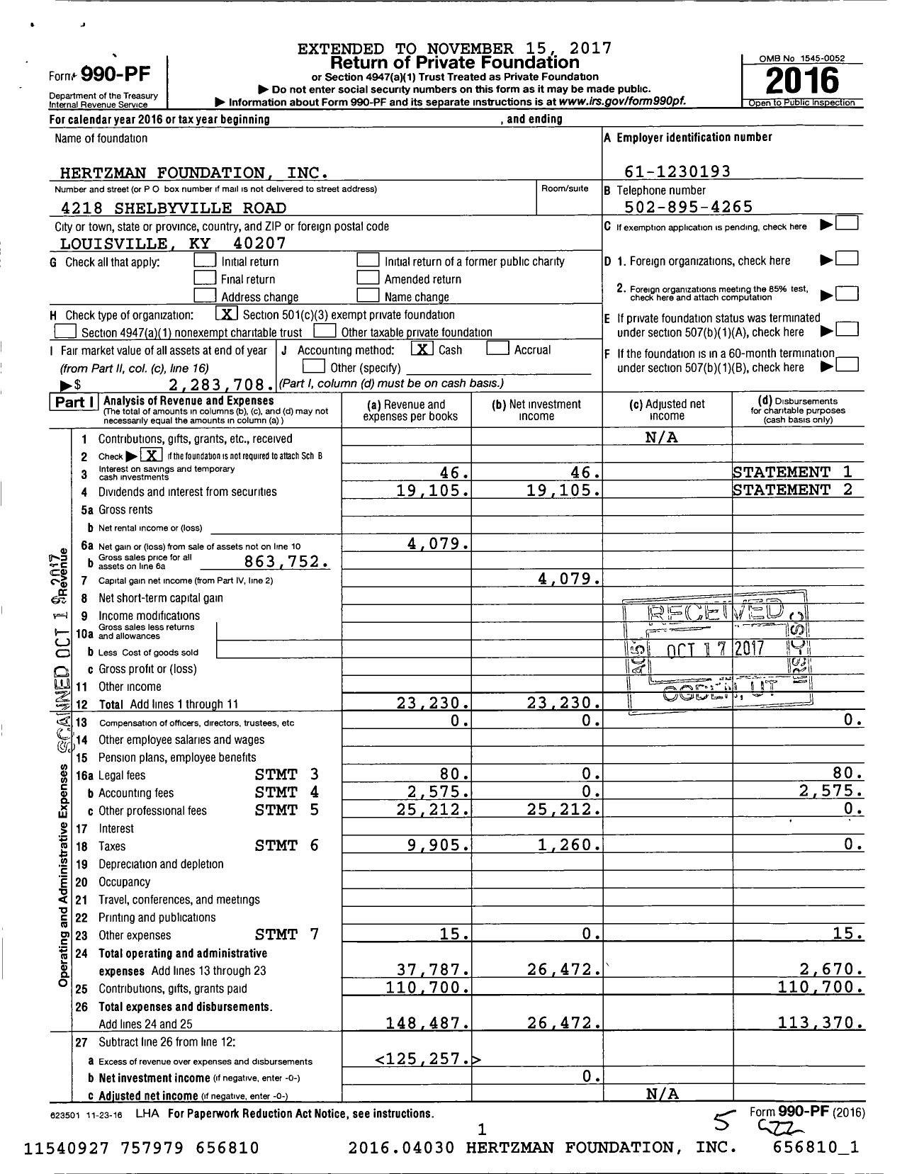 Image of first page of 2016 Form 990PF for Hertzman Foundation