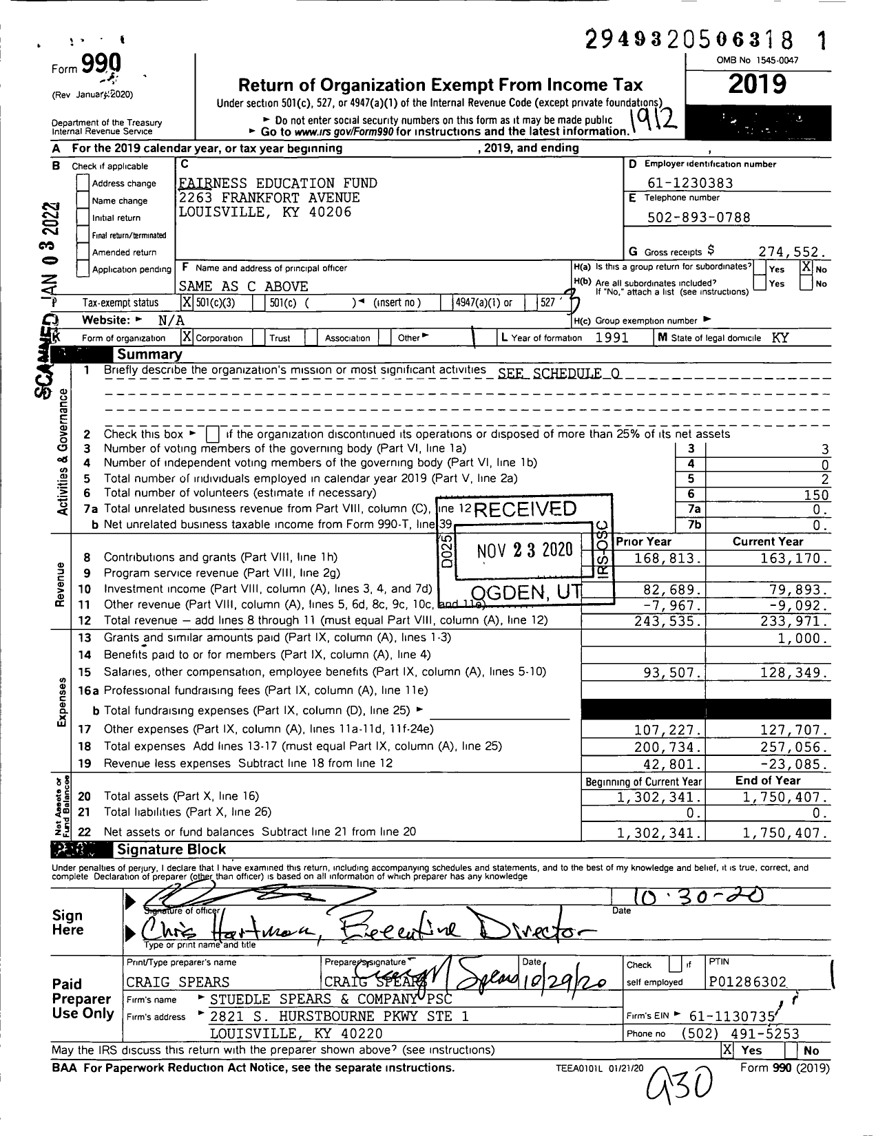 Image of first page of 2019 Form 990 for Fairness Education Fund