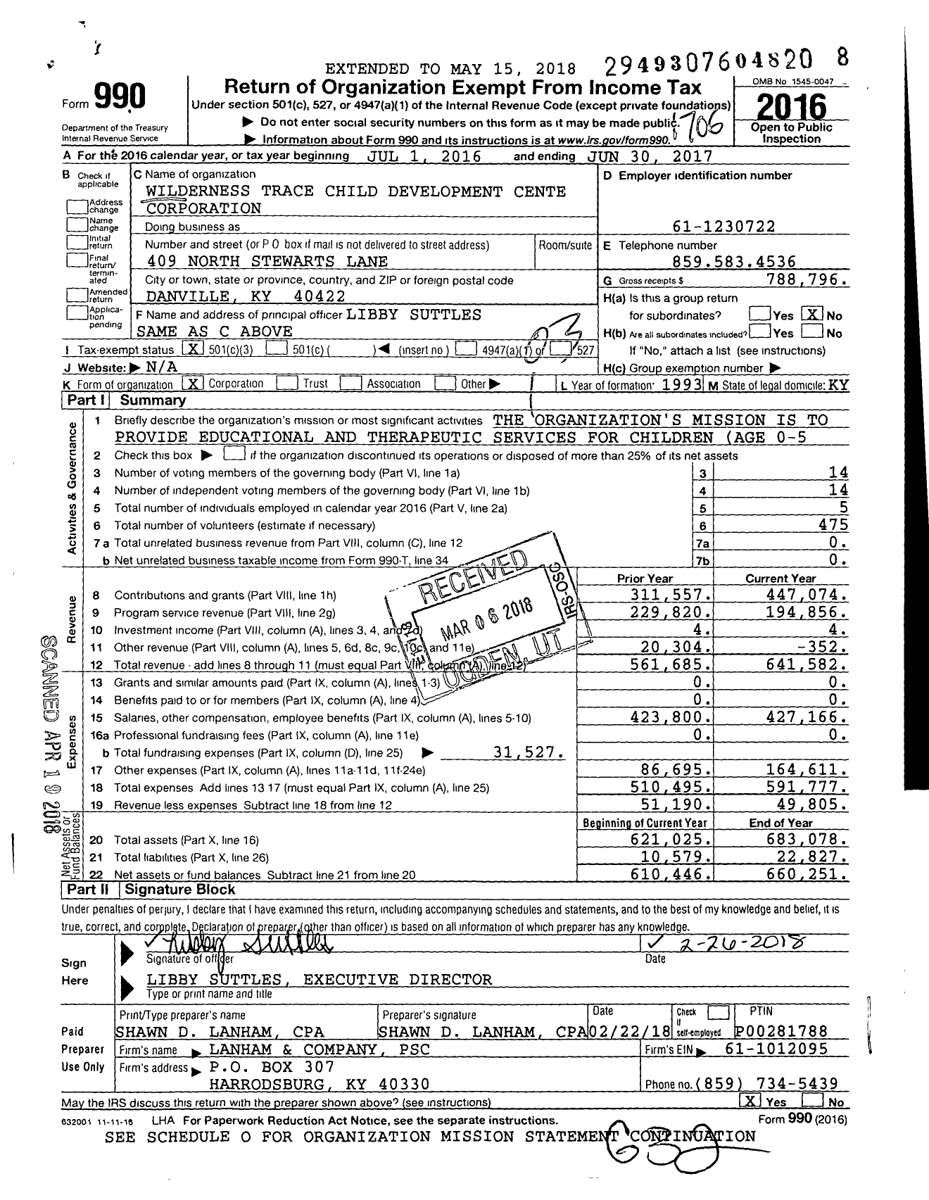 Image of first page of 2016 Form 990 for Wilderness Trace Child Development Center Corporation