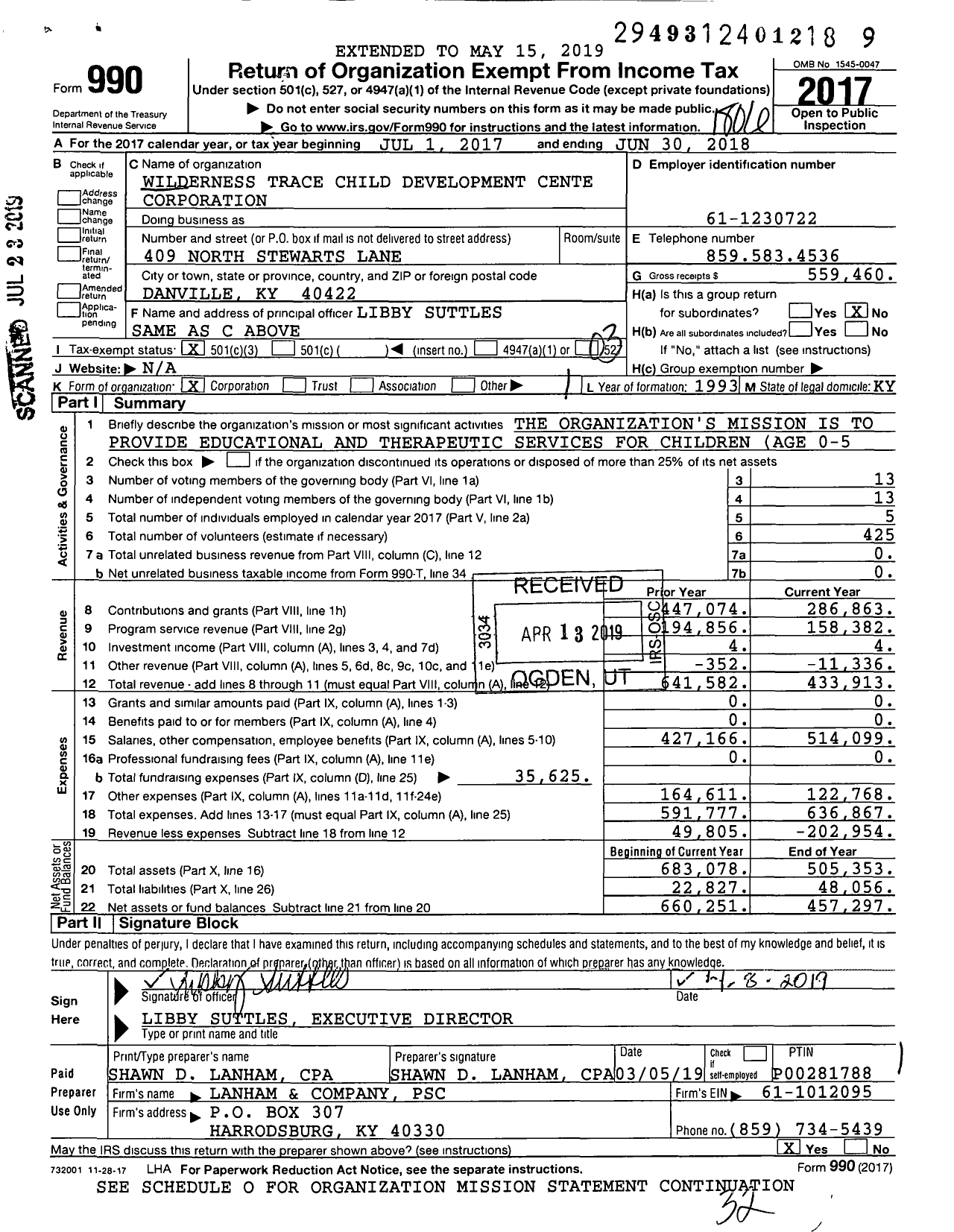 Image of first page of 2017 Form 990 for Wilderness Trace Child Development Center Corporation