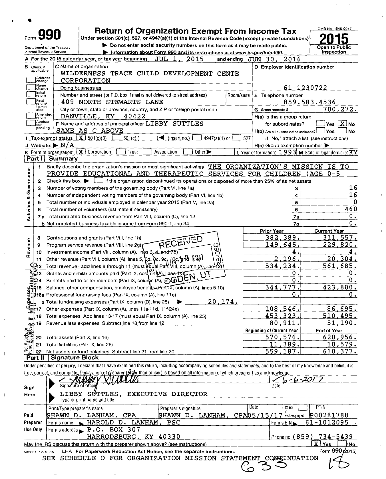 Image of first page of 2015 Form 990 for Wilderness Trace Child Development Center Corporation