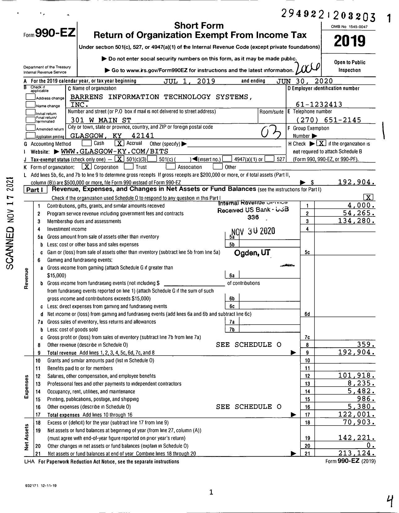 Image of first page of 2019 Form 990EZ for Barrens Information Technology Systems