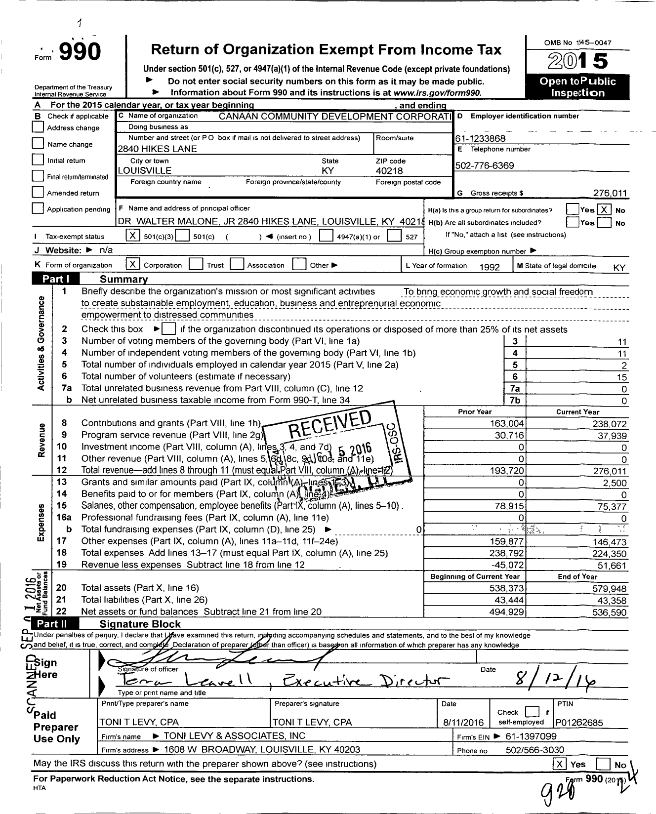 Image of first page of 2015 Form 990 for Black Community Development Corporation