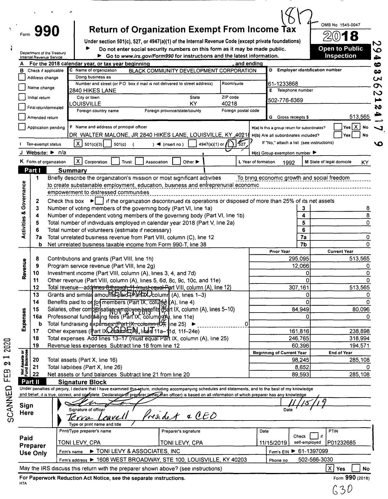 Image of first page of 2018 Form 990 for Black Community Development Corporation