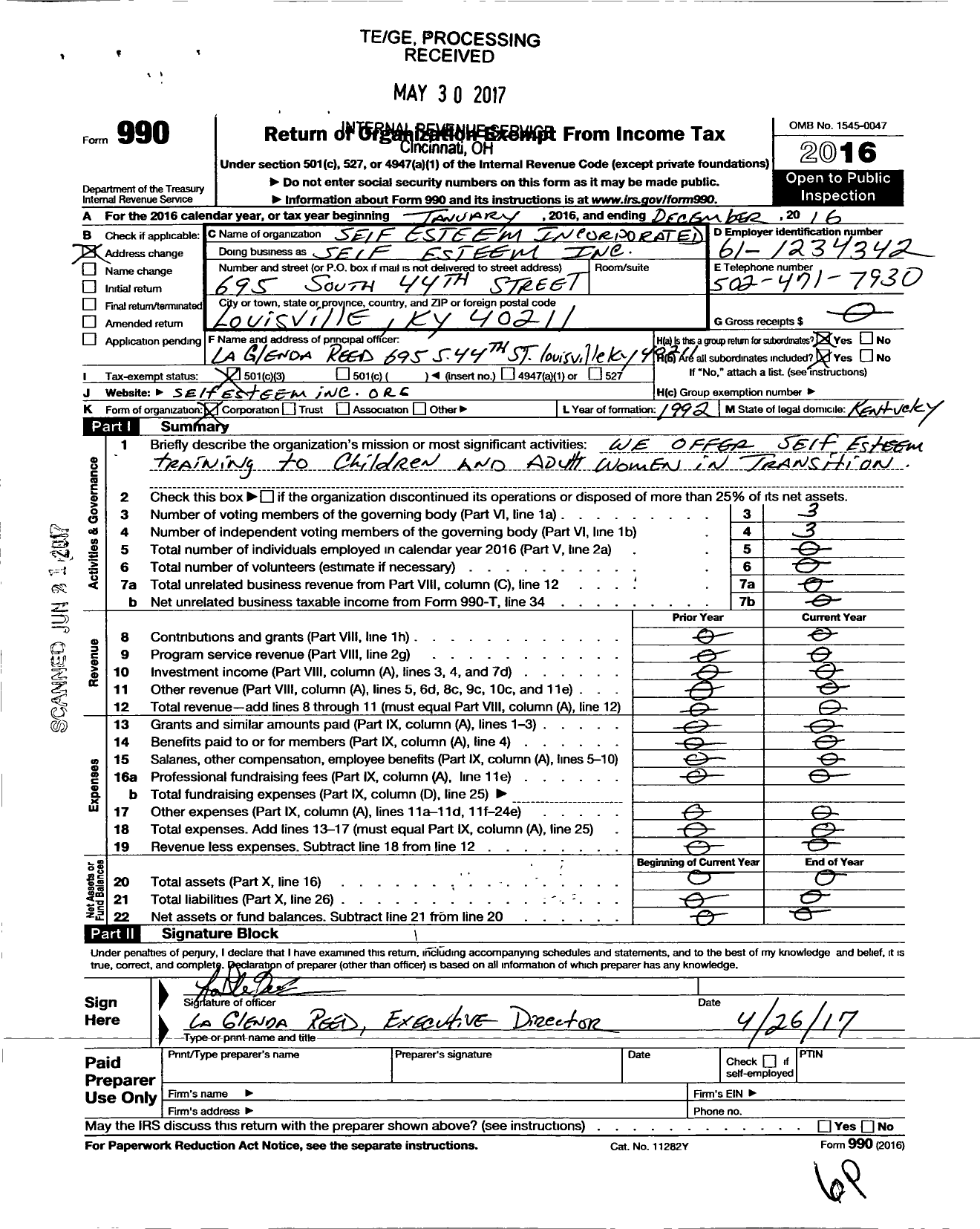 Image of first page of 2016 Form 990 for Self Esteem Incorporated