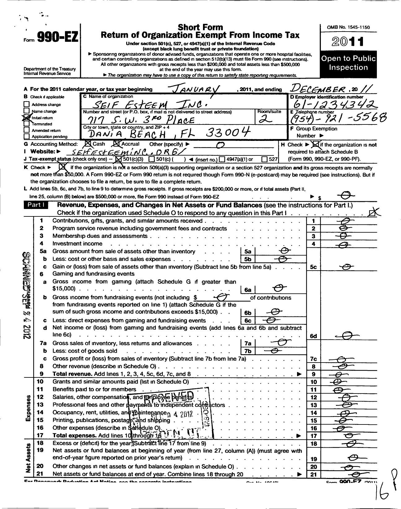 Image of first page of 2011 Form 990EZ for Self Esteem Incorporated